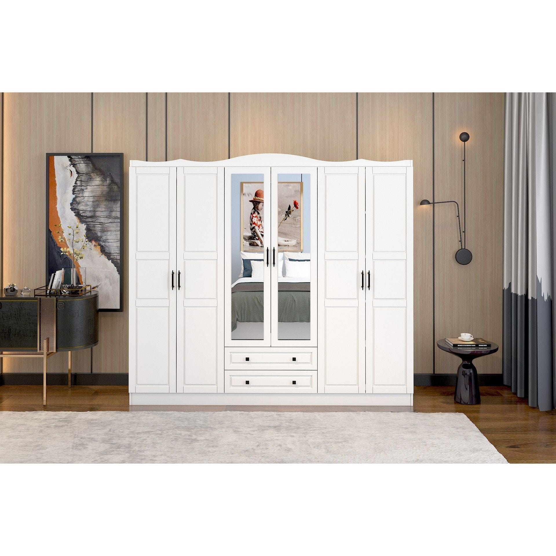 Dressing BAHAR 606, alb, PAL melaminat, cu 6 usi si 2 sertare, 210x50x186 cm