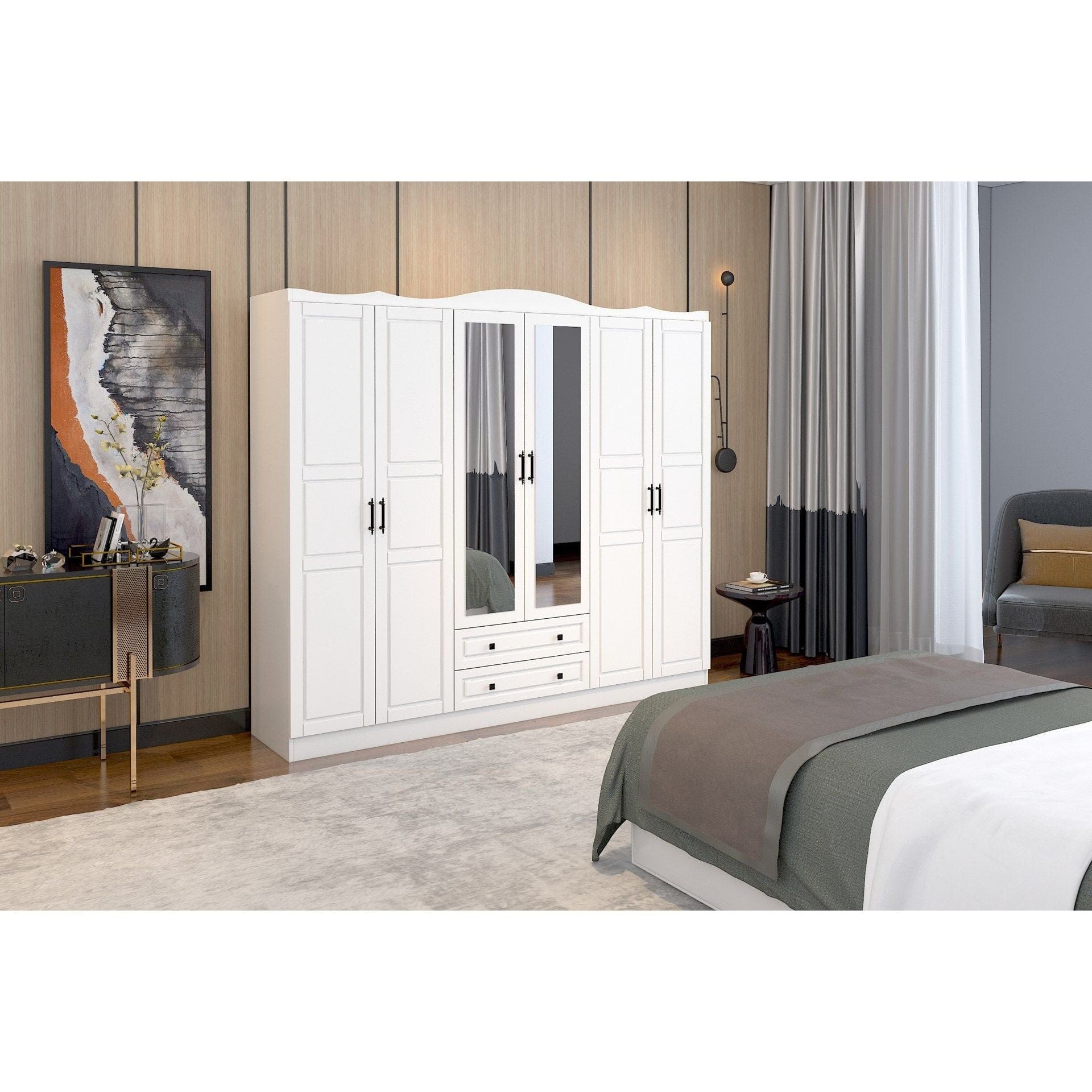 Dressing BAHAR 606, alb, PAL melaminat, cu 6 usi si 2 sertare, 210x50x186 cm