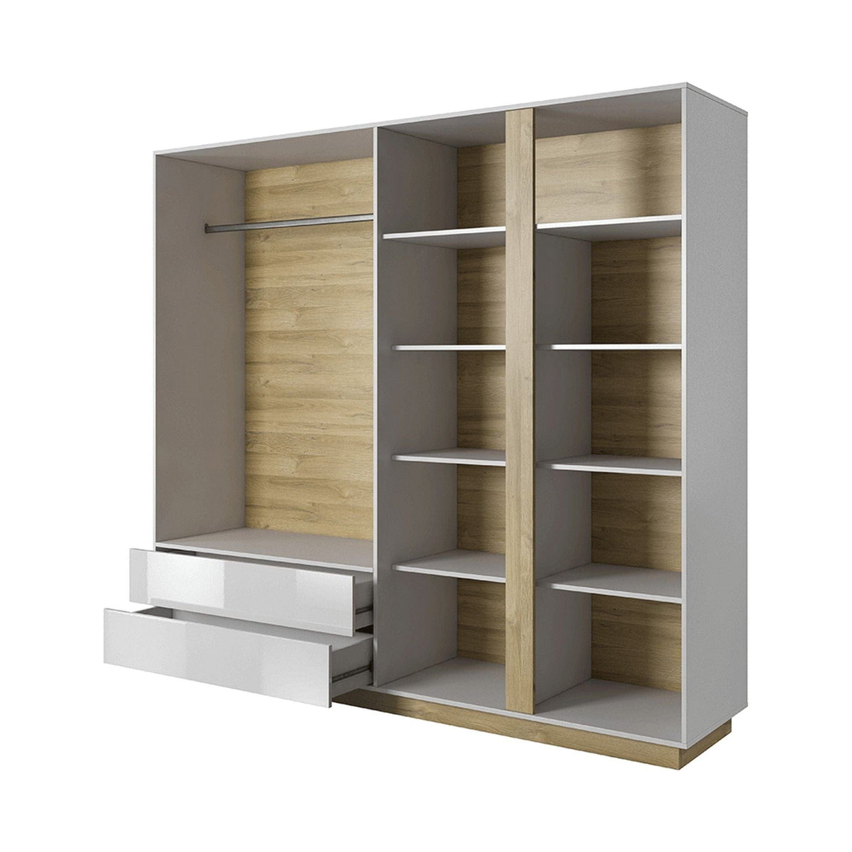 Dressing CITY, alb/stejar grandson, PAL laminat, cu iluminare LED, cu 4 usi si 2 sertare, 220x54x202 cm