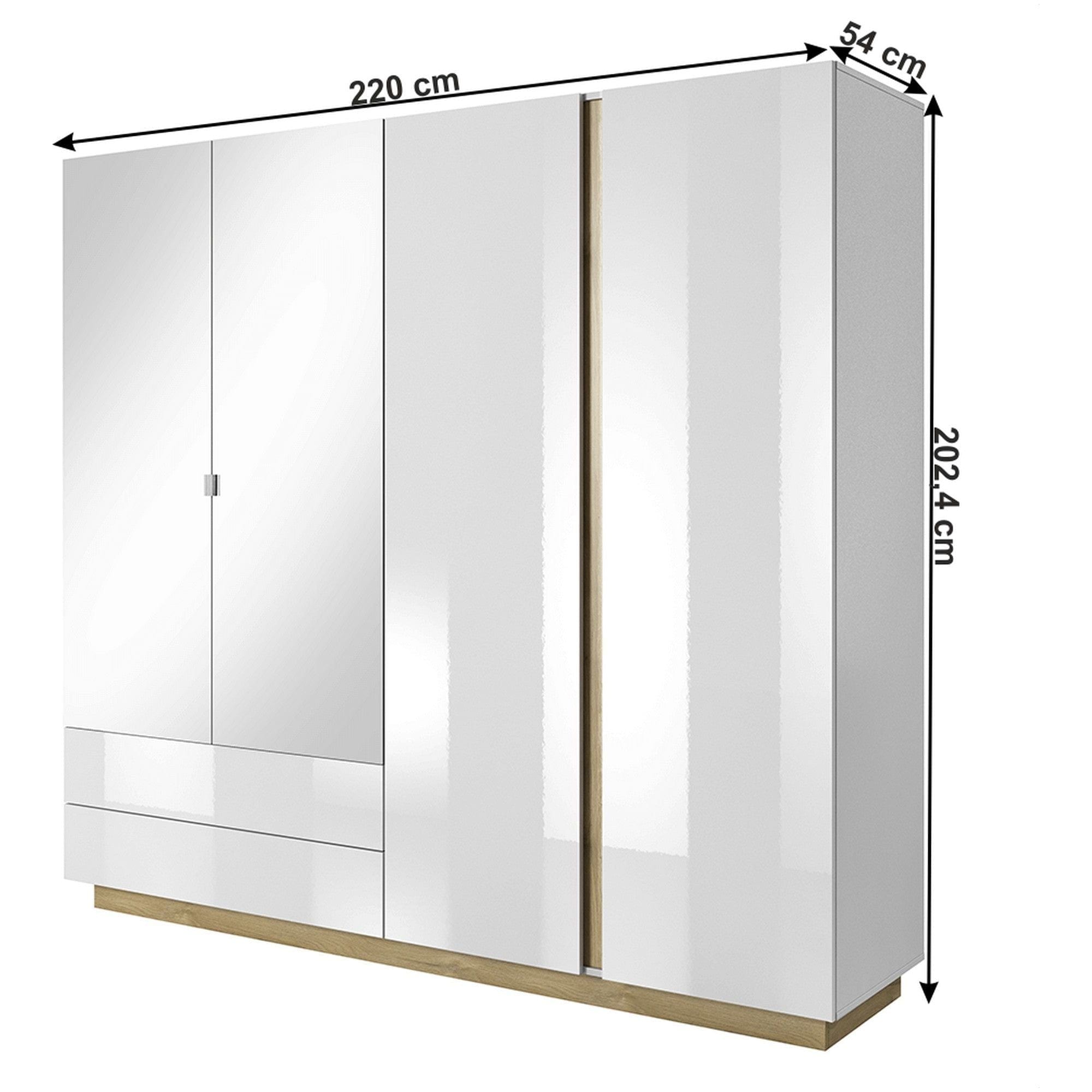 Dressing CITY, alb/stejar grandson, PAL laminat, cu iluminare LED, cu 4 usi si 2 sertare, 220x54x202 cm