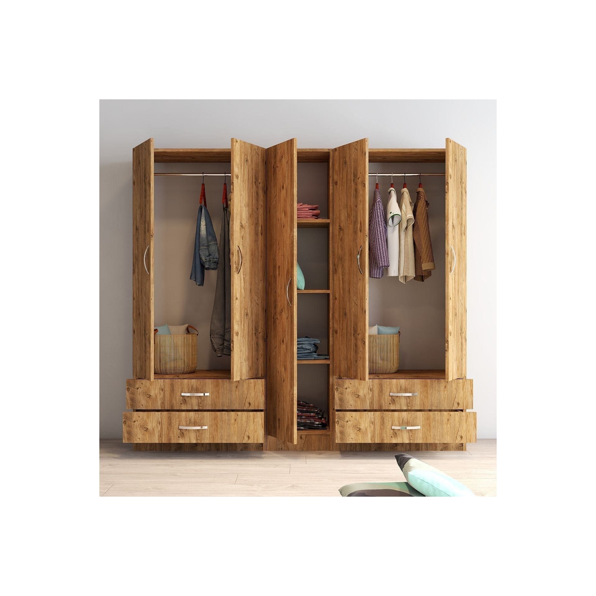 Dressing GRD0702, stejar, PAL melaminat, cu 5 usi si 4 sertare, 200x47x182 cm