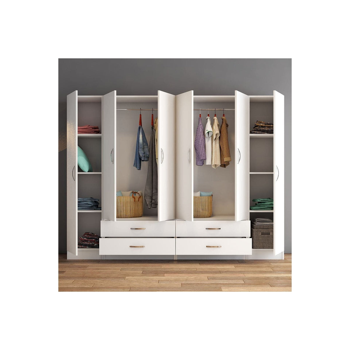 Dressing GRD0801, alb, PAL melaminat, cu 6 usi si 4 sertare, 240x46x182 cm