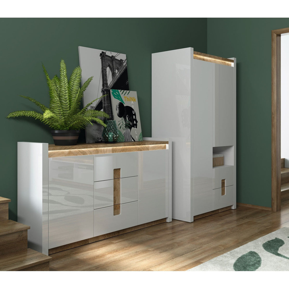 Dulap ALAMEDA, alb/stejar, PAL, cu 2 usi si 4 sertare, 102x60x201 cm