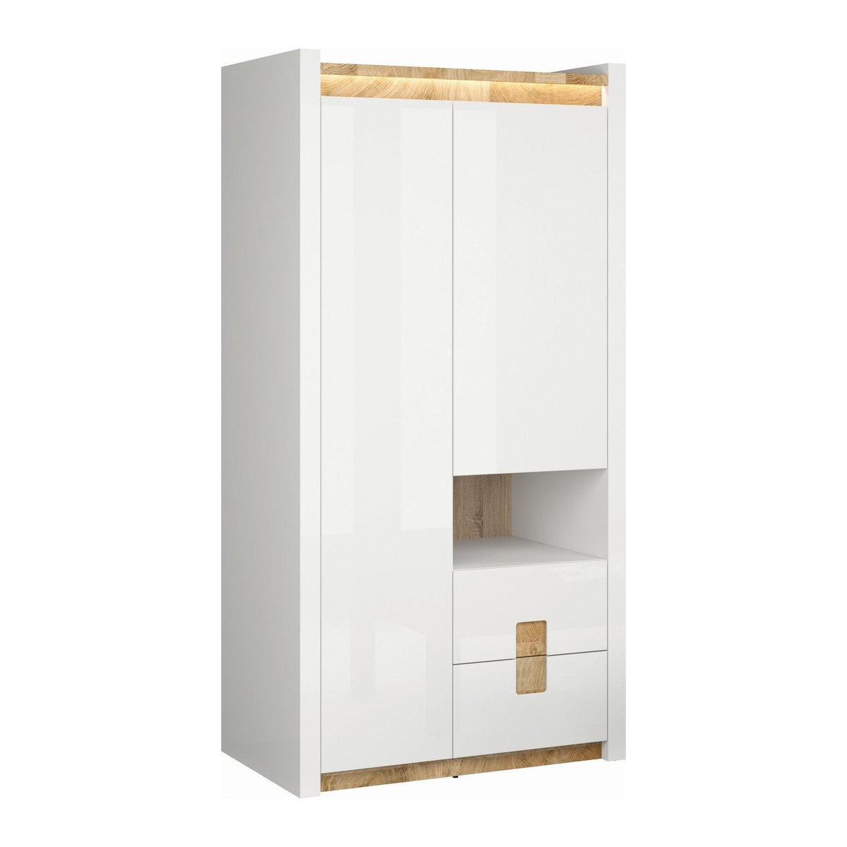 Dulap ALAMEDA, alb/stejar, PAL, cu 2 usi si 4 sertare, 102x60x201 cm