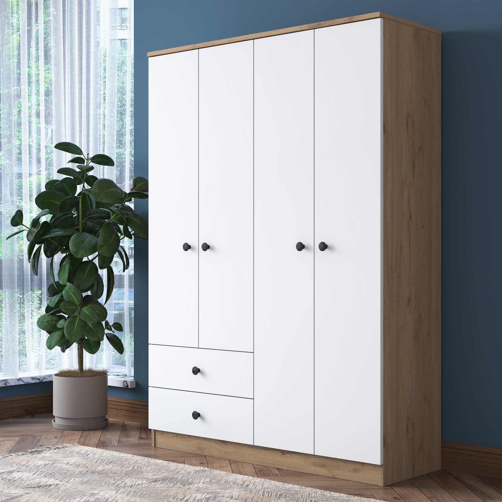 Dulap BA108-2067, alb/nuc, PAL melaminat, cu 4 usi si 2 sertare, 120x43x170 cm