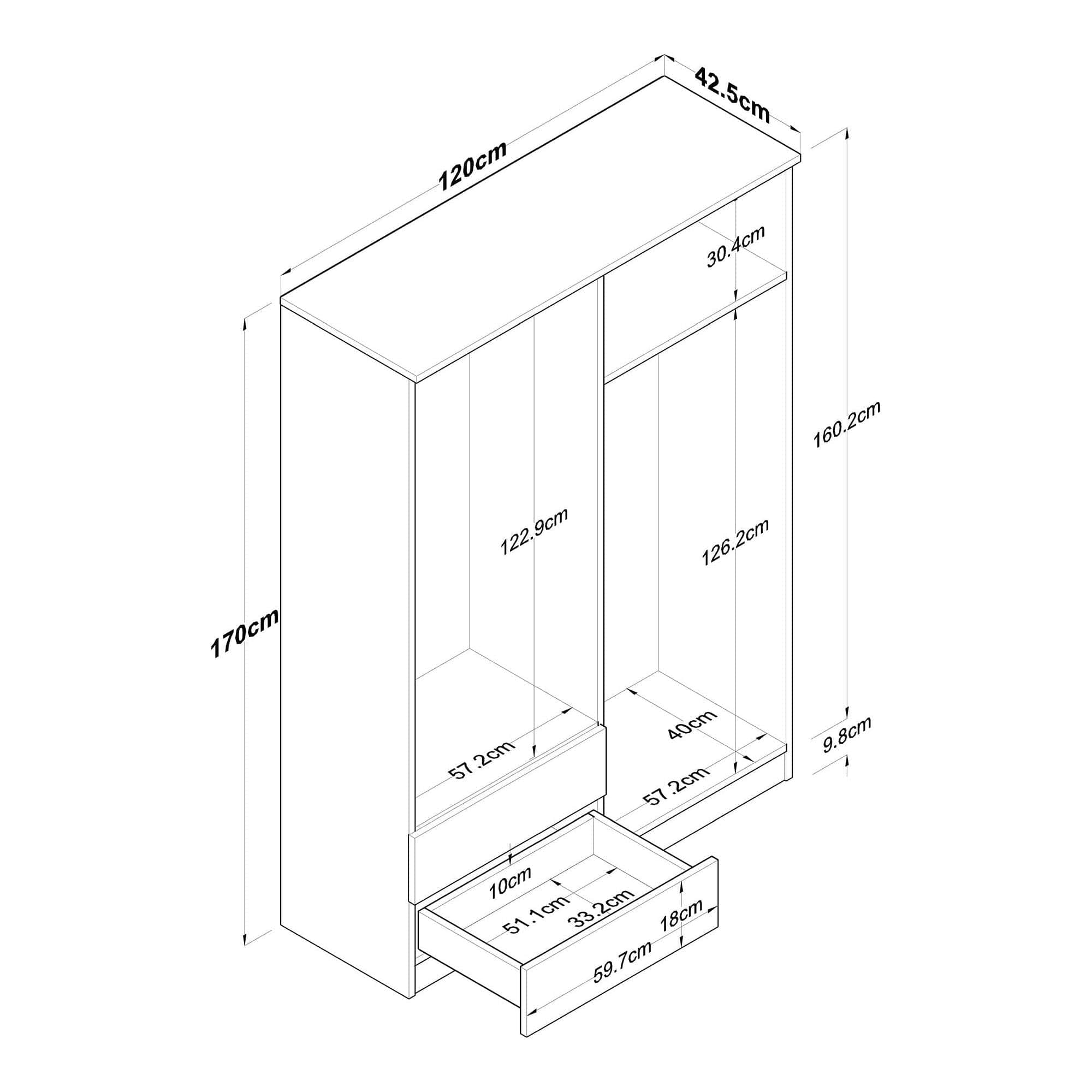 Dulap BA108-2067, alb/nuc, PAL melaminat, cu 4 usi si 2 sertare, 120x43x170 cm