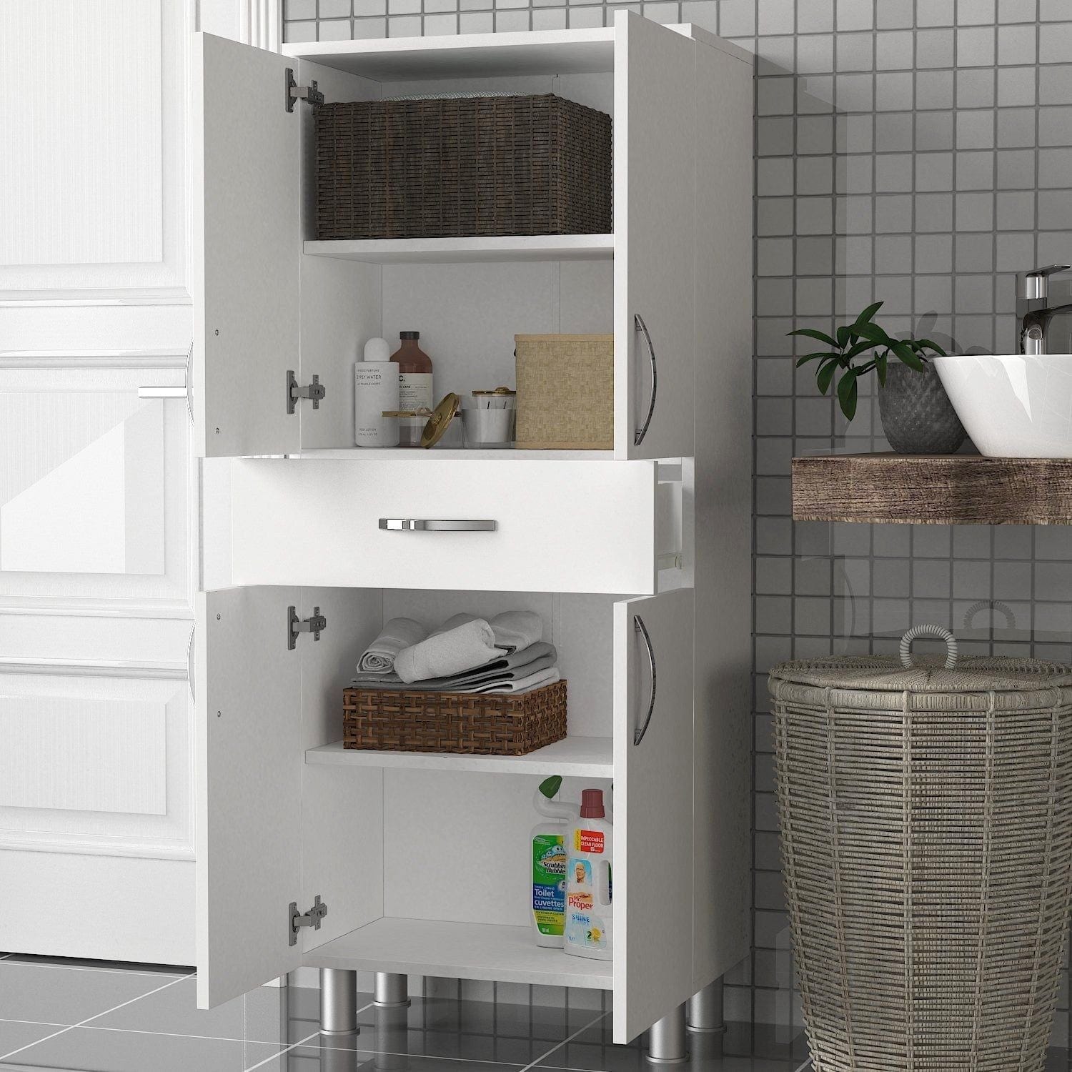 Dulap baie 731WAT3910, alb, PAL melaminat, cu 4 usi si un sertar, 59x32x140 cm