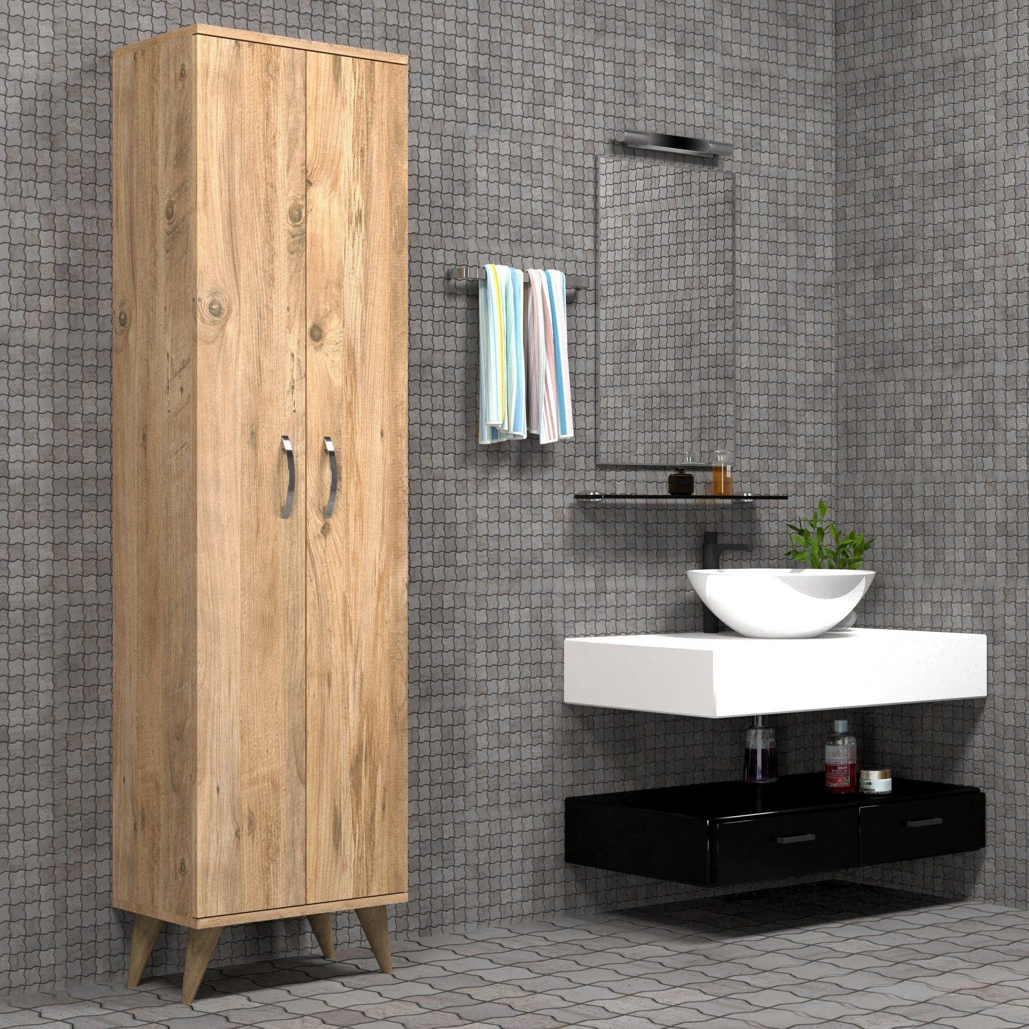 Dulap baie BDL0102, stejar, PAL melaminat, cu 2 usi, 49x32x185 cm
