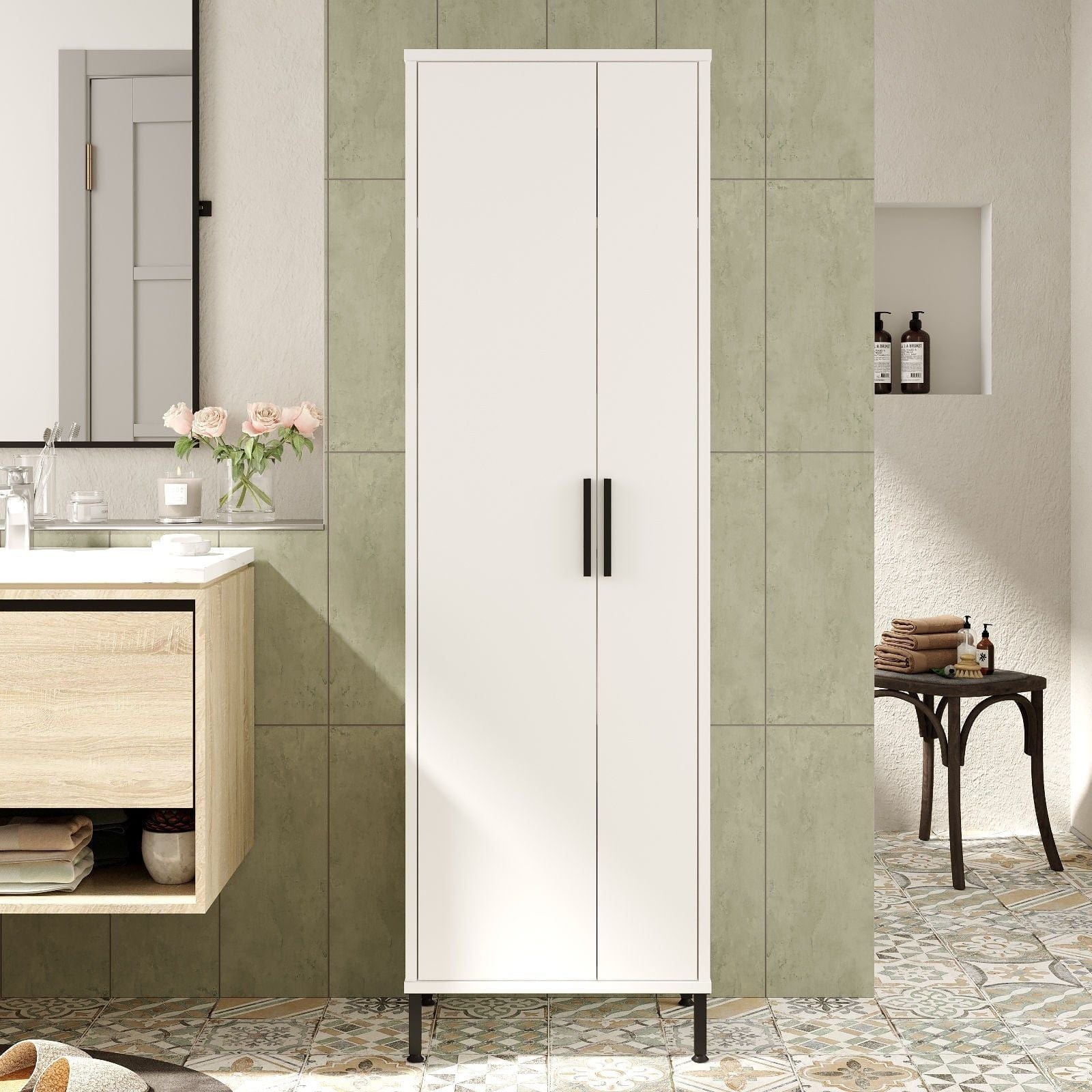 Dulap DY1-W, alb/negru, PAL melaminat, cu 2 usi, 50x36x165 cm