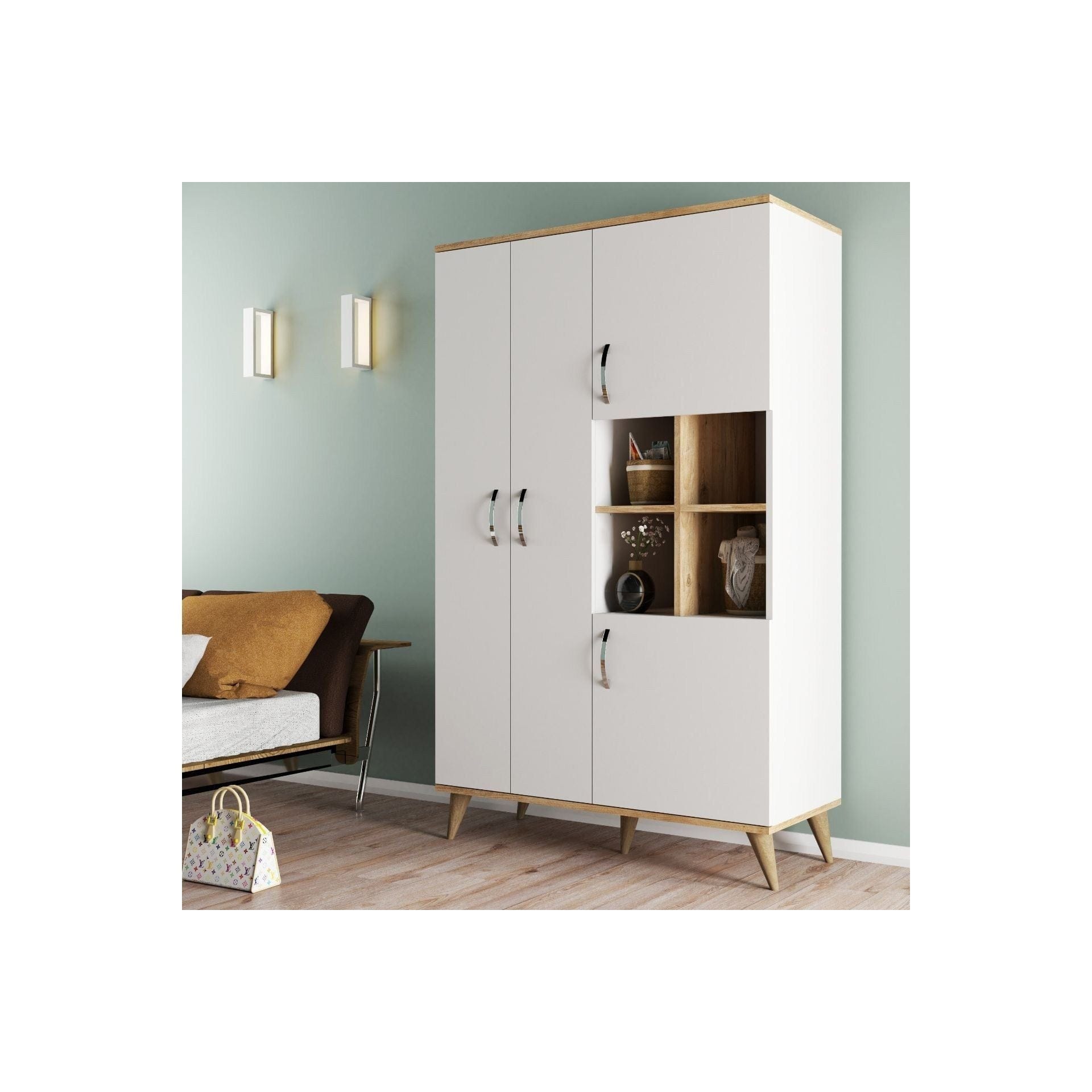 Dulap GRD0103, alb/stejar, PAL melaminat, cu 4 usi, 106x47x174 cm