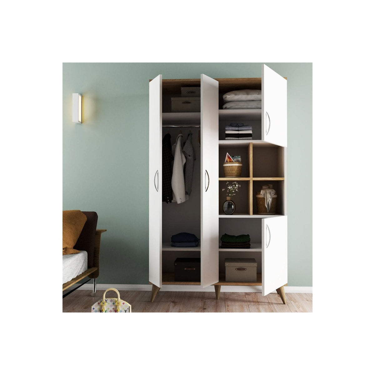 Dulap GRD0103, alb/stejar, PAL melaminat, cu 4 usi, 106x47x174 cm