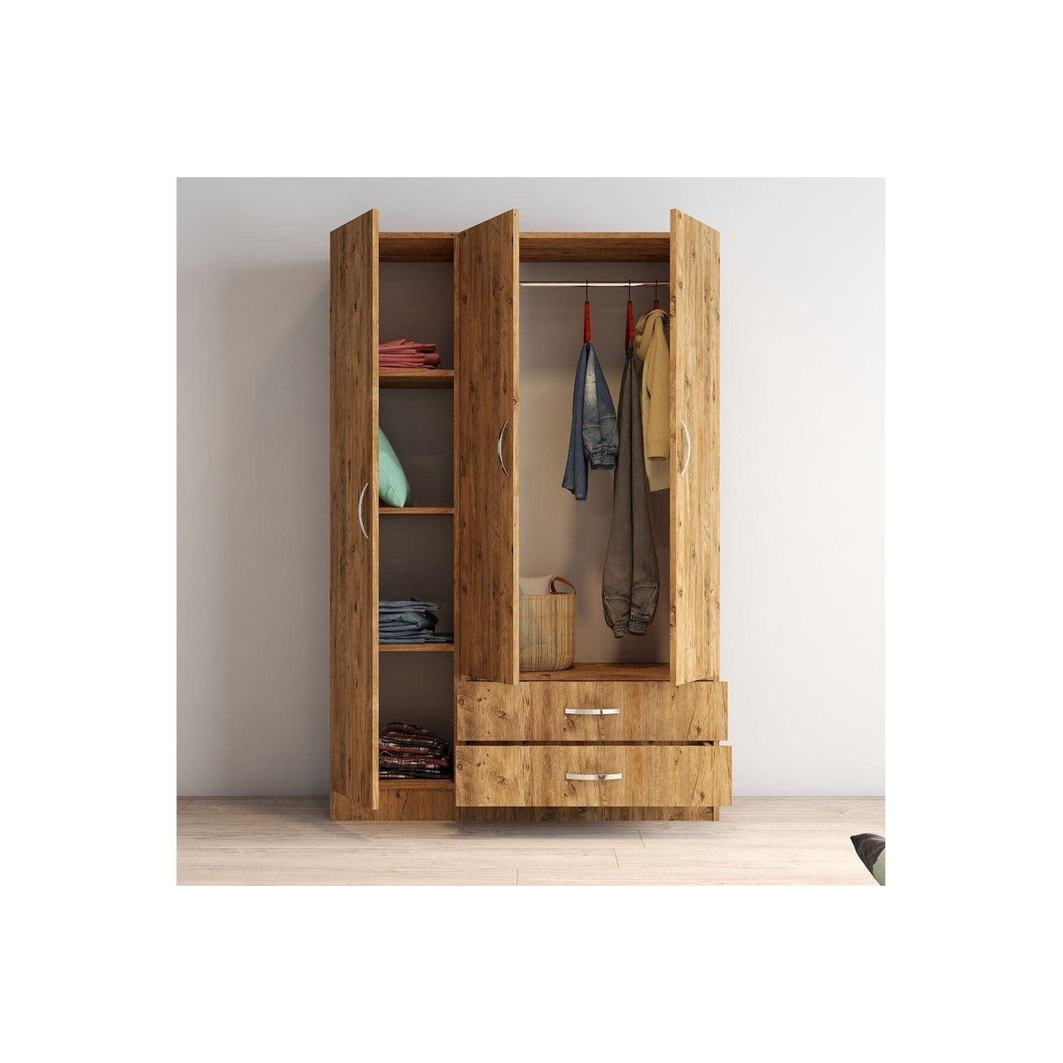 Dulap GRD0502, stejar, PAL melaminat, cu 3 usi si 2 sertare, 120x47x182 cm