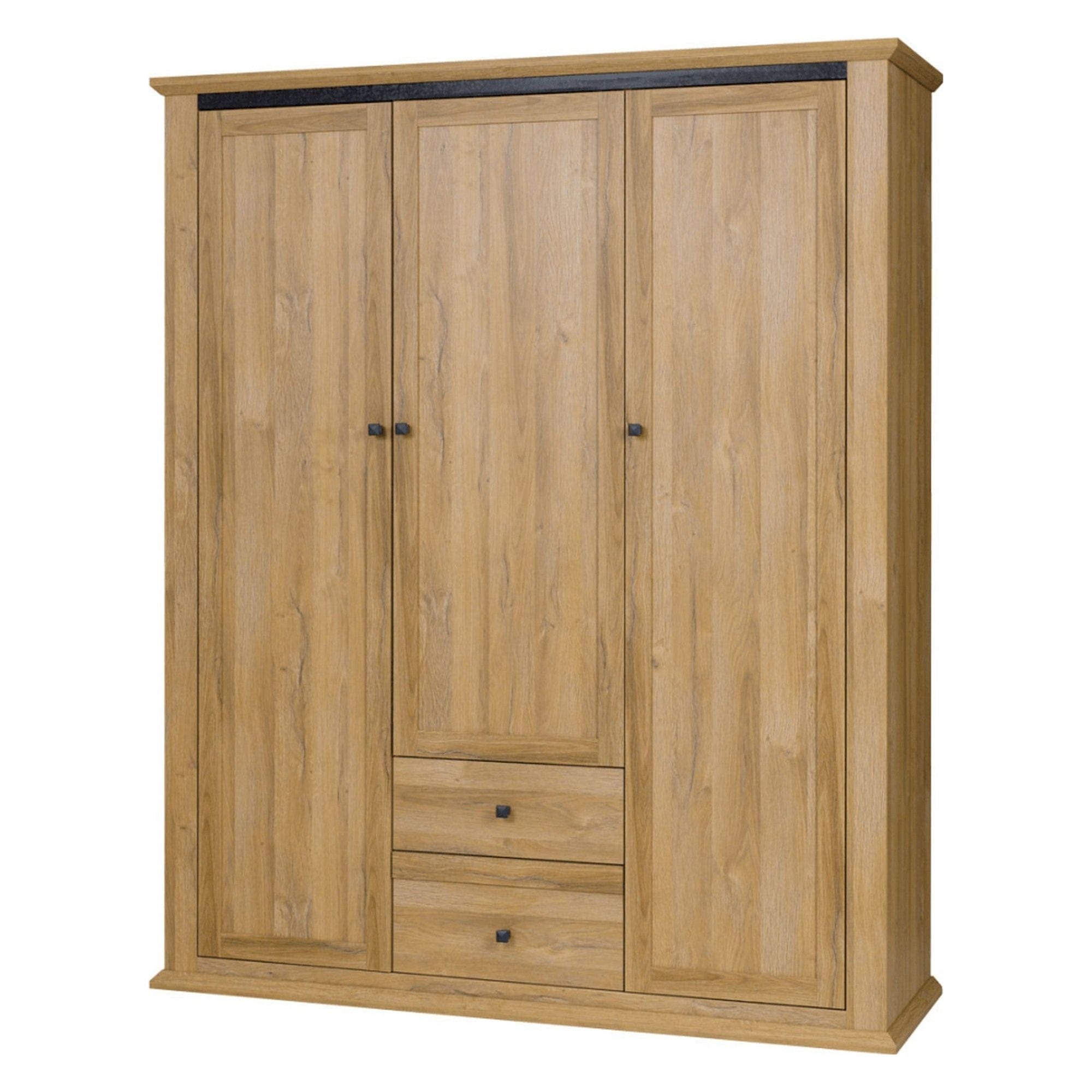 Dulap LEON MZ3, stejar auriu, DTD laminat, cu 3 usi si 2 sertare, 165x54x200 cm