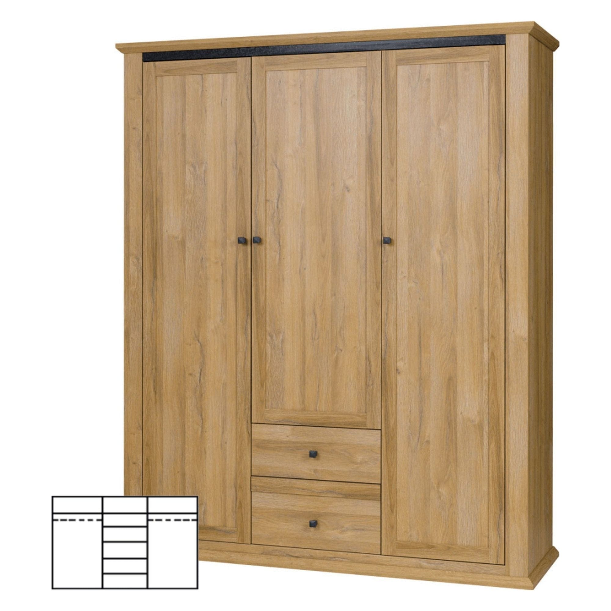 Dulap LEON MZ3, stejar auriu, DTD laminat, cu 3 usi si 2 sertare, 165x54x200 cm