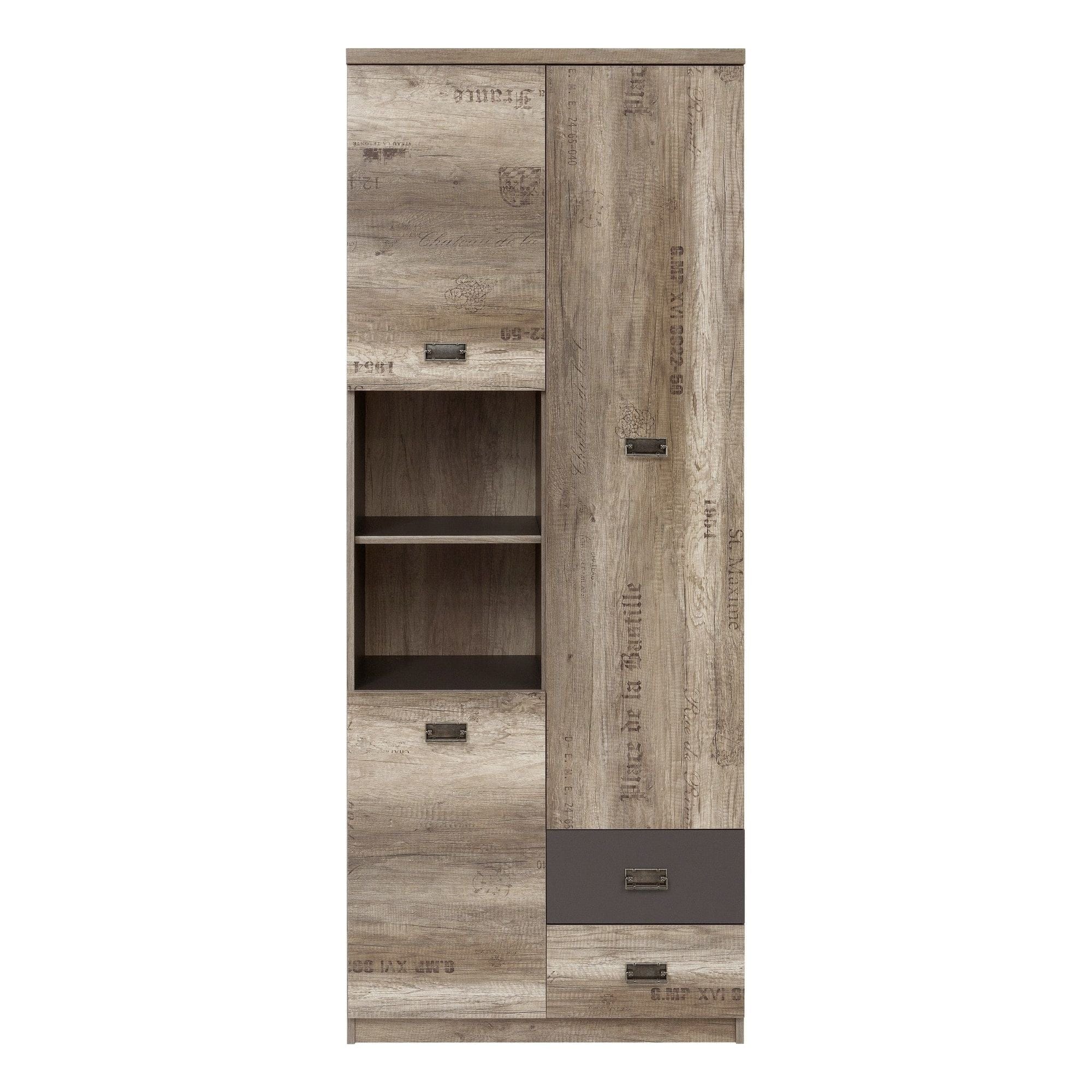 Dulap MALCOLM, stejar/gri, PAL, cu 3 usi si 2 sertare, 80x40x206 cm