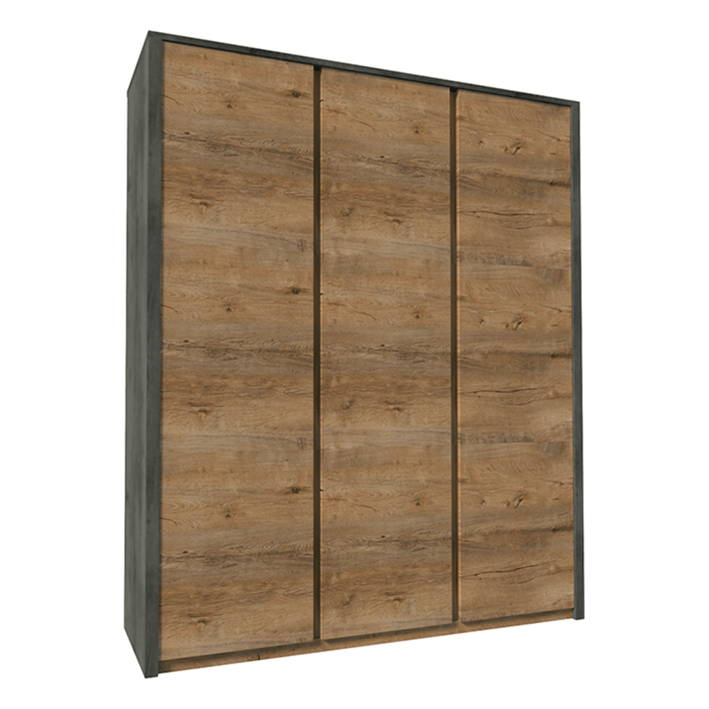 Dulap MONTANA S3D, stejar lefkas inchis/gri, PAL melaminat, cu 3 usi, 166x53x197 cm