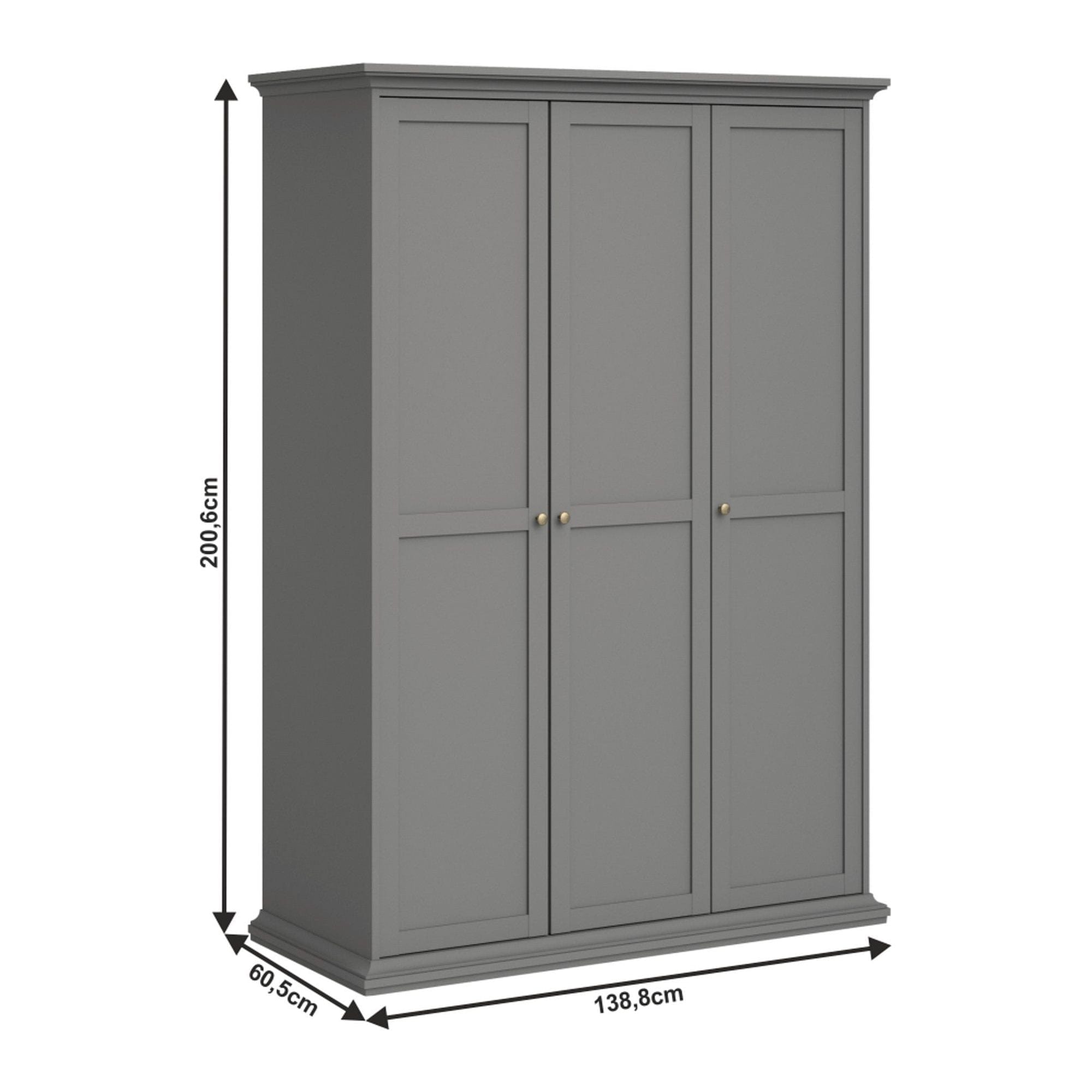 Dulap PARIS, gri, PAL laminat, cu 3 usi, 139x61x201 cm