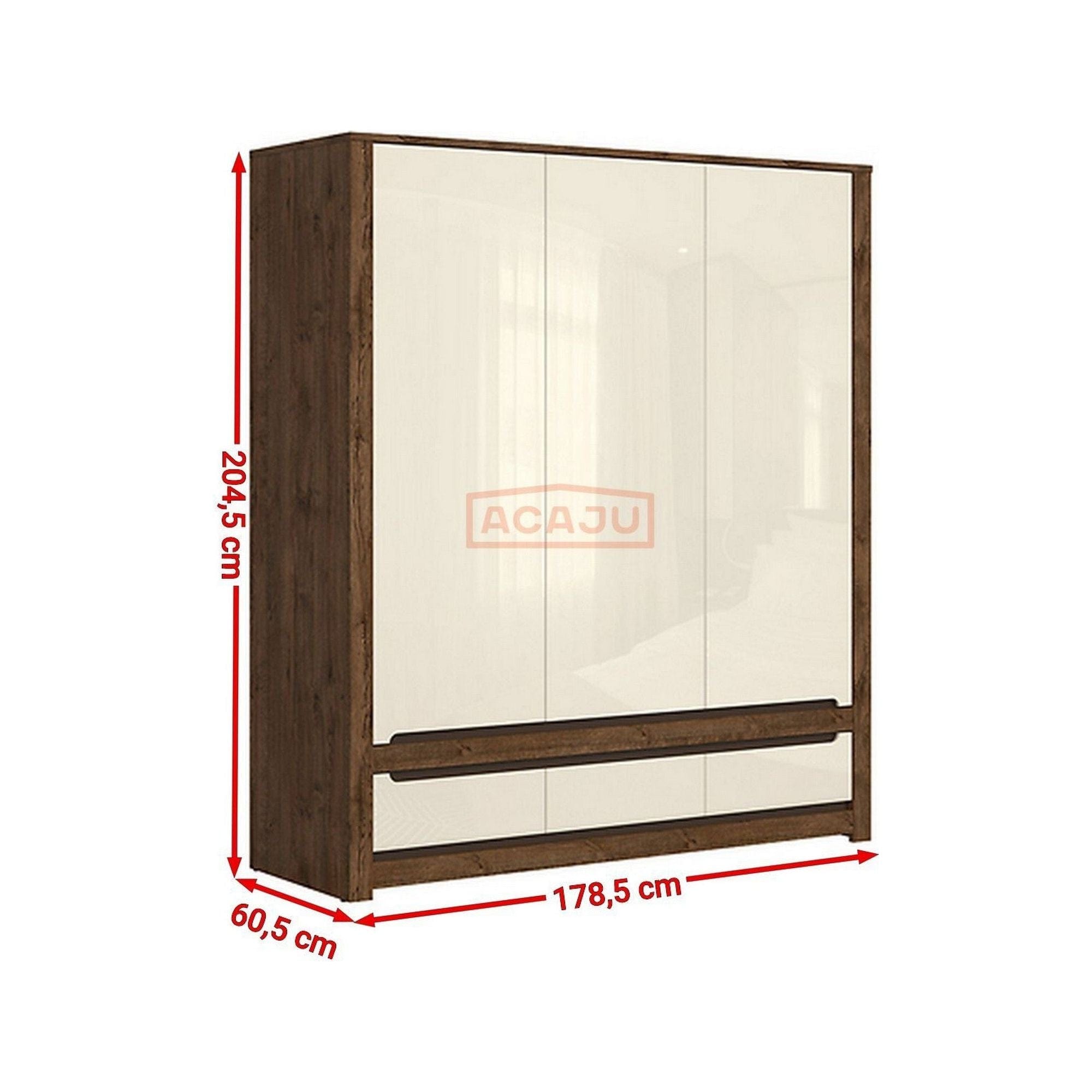 Dulap RUSO, alb perla/stejar april, PAL, cu 3 usi si 3 sertare, 179x61x205 cm