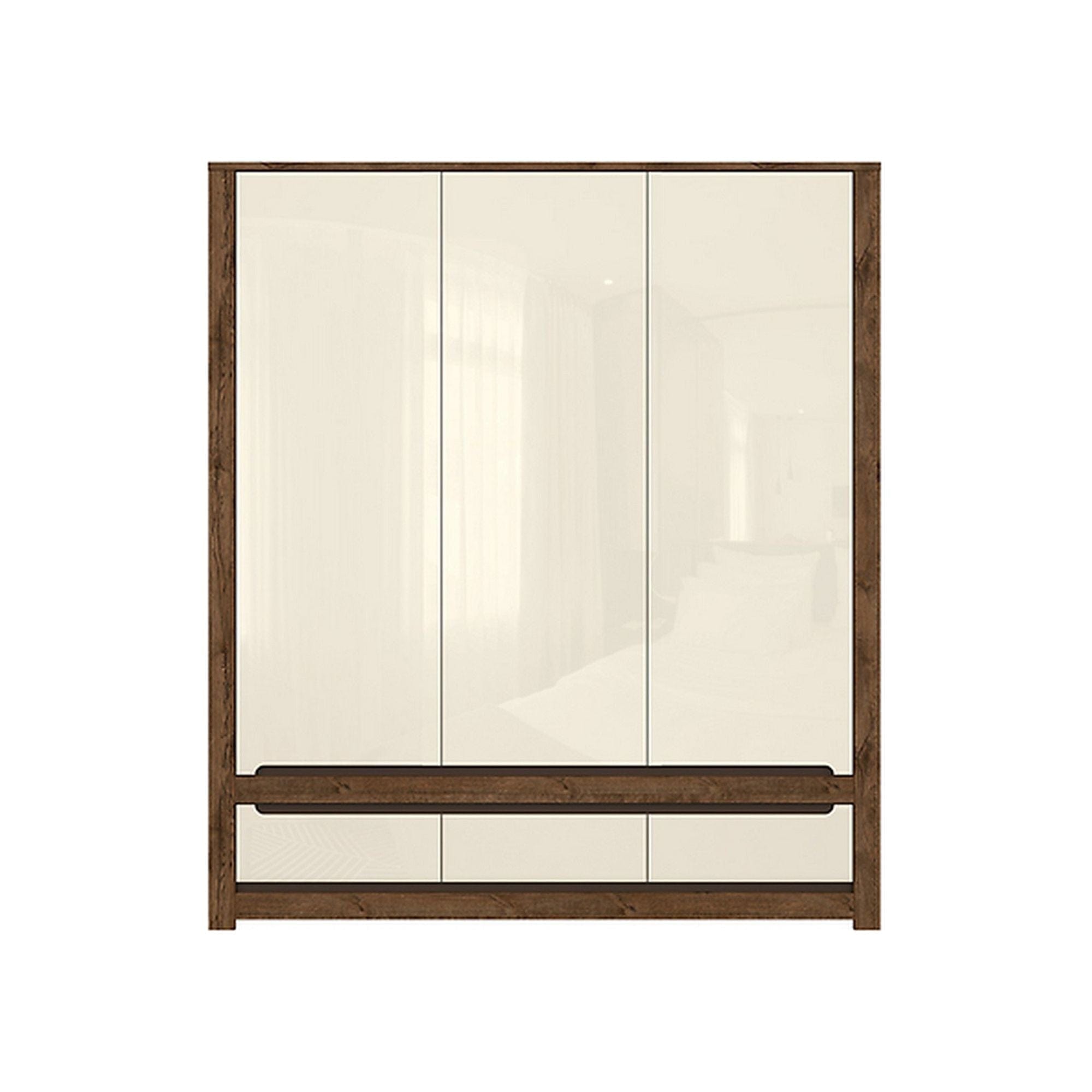 Dulap RUSO, alb perla/stejar april, PAL, cu 3 usi si 3 sertare, 179x61x205 cm