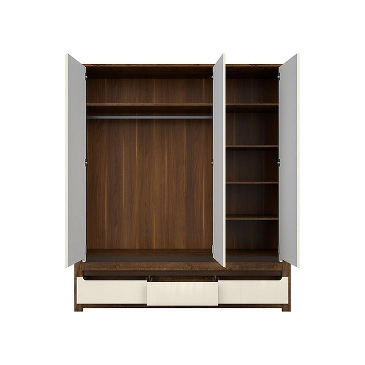 Dulap RUSO, alb perla/stejar april, PAL, cu 3 usi si 3 sertare, 179x61x205 cm