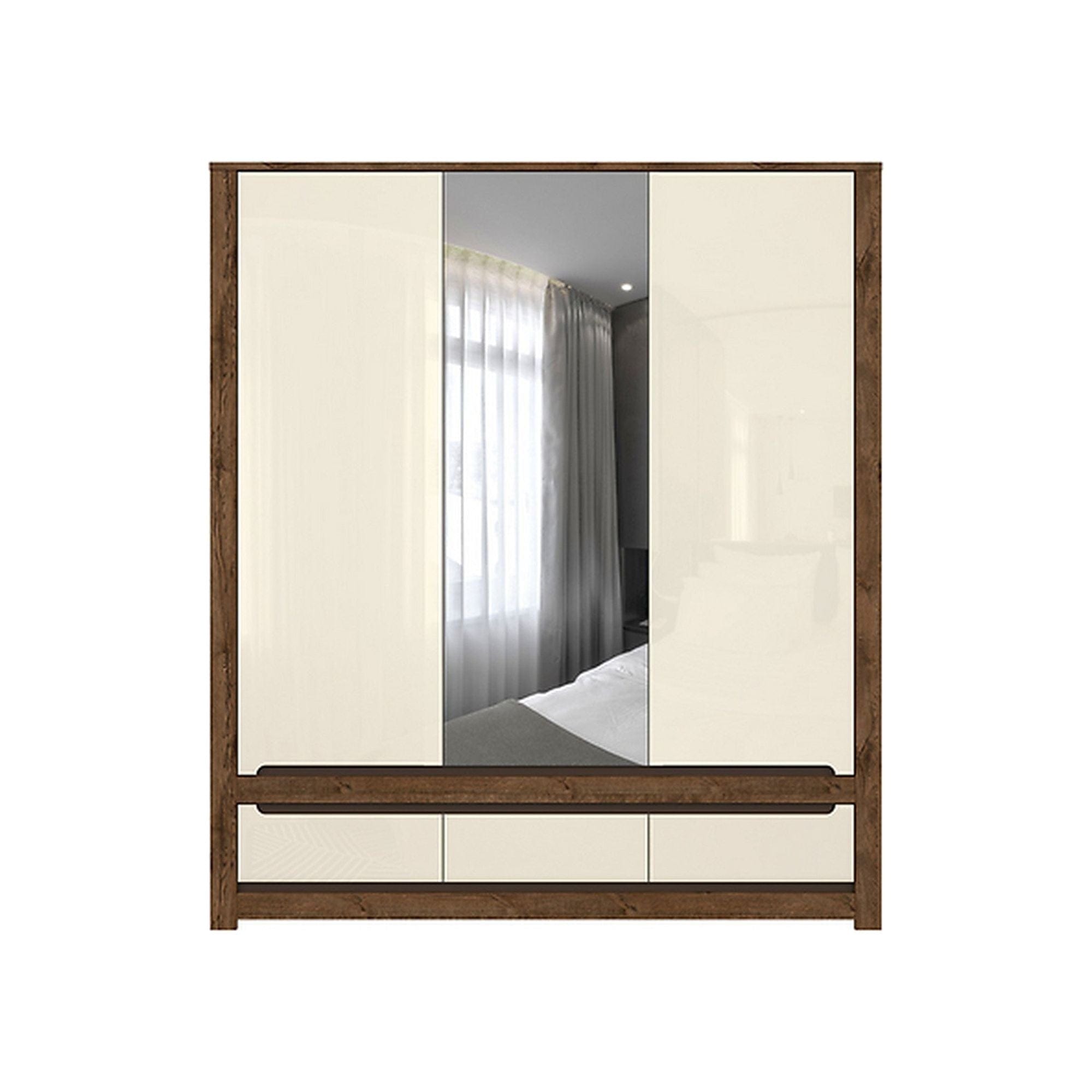 Dulap RUSO, alb perla/stejar april, PAL, cu 3 usi si 3 sertare, cu oglinda, 179x61x205 cm