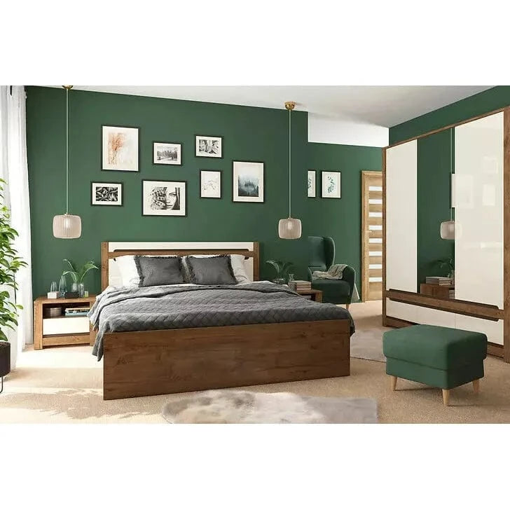 Dulap RUSO, alb perla/stejar april, PAL, cu 3 usi si 3 sertare, cu oglinda, 179x61x205 cm