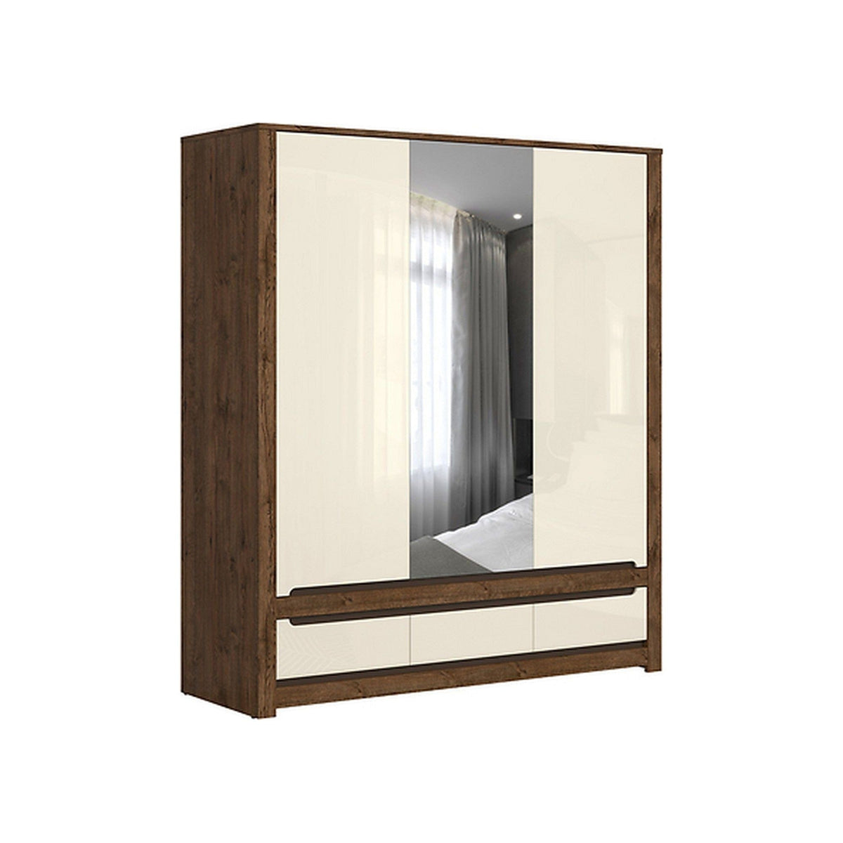 Dulap RUSO, alb perla/stejar april, PAL, cu 3 usi si 3 sertare, cu oglinda, 179x61x205 cm