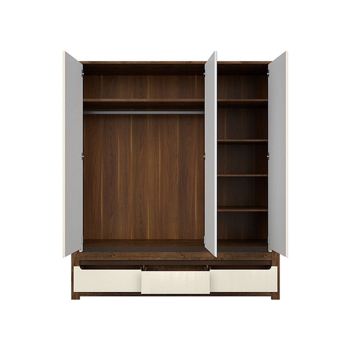 Dulap RUSO, alb perla/stejar april, PAL, cu 3 usi si 3 sertare, cu oglinda, 179x61x205 cm