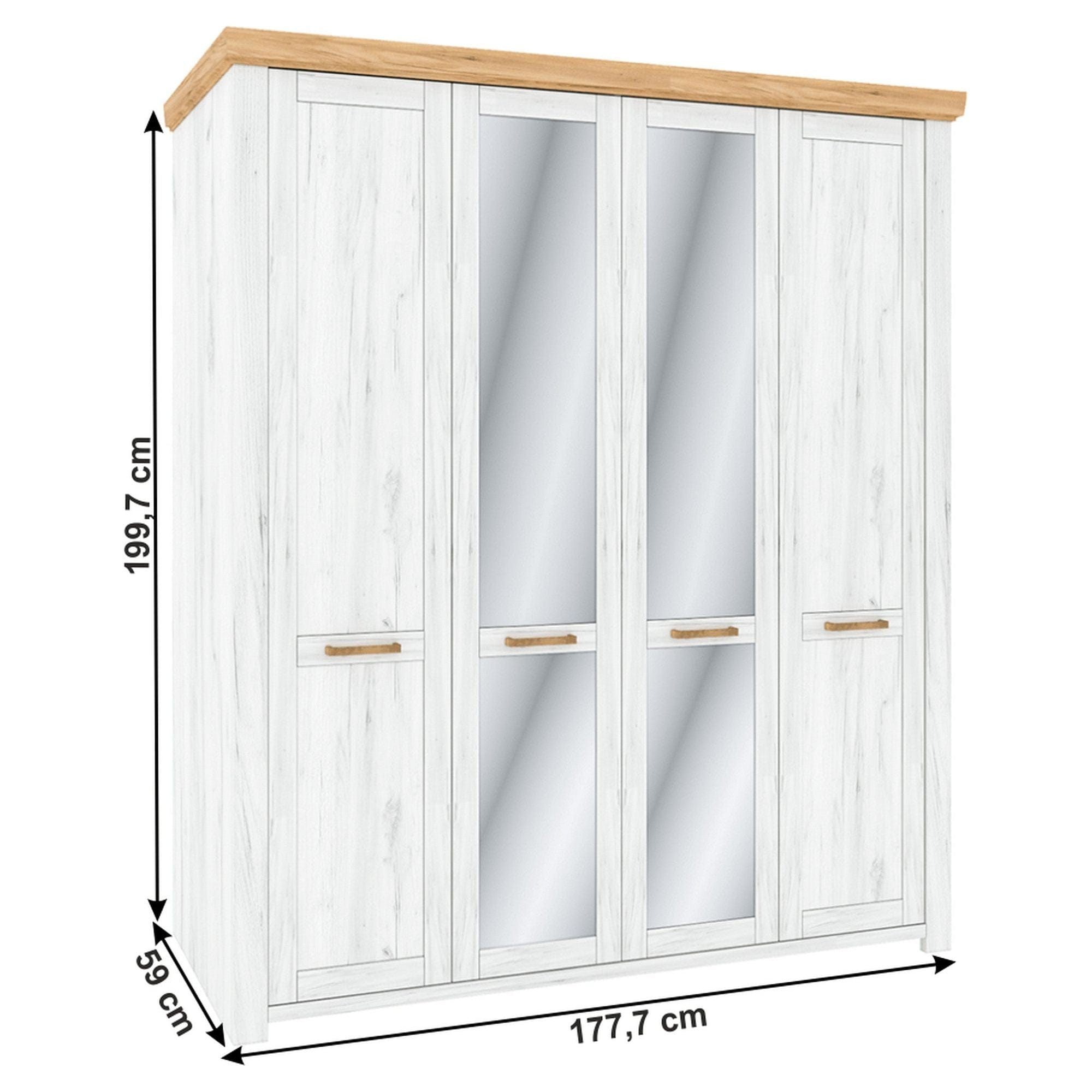 Dulap SUDBURY, stejar craft auriu/stejar craft alb, PAL laminat, cu 4 usi, cu oglinda, 178x59x200 cm