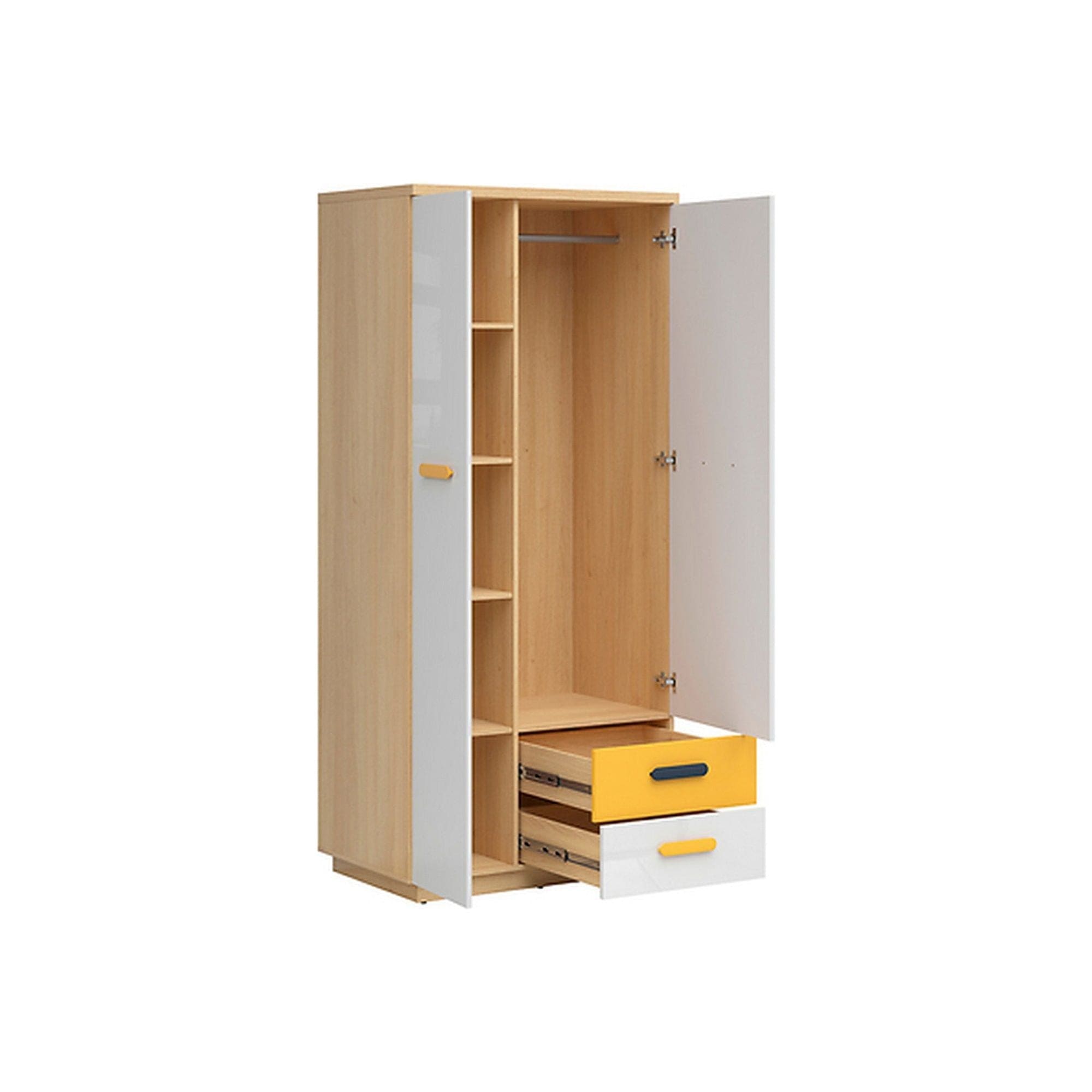 Dulap WESKER, alb/stejar sonoma/galben, PAL, cu 2 usi si 2 sertare, 90x57x200 cm