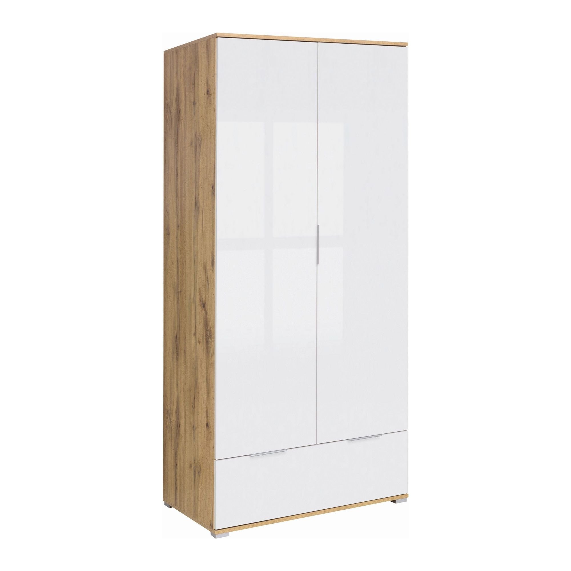 Dulap ZELE, alb lucios/stejar wotan, PAL, cu 2 usi, 91x57x195 cm