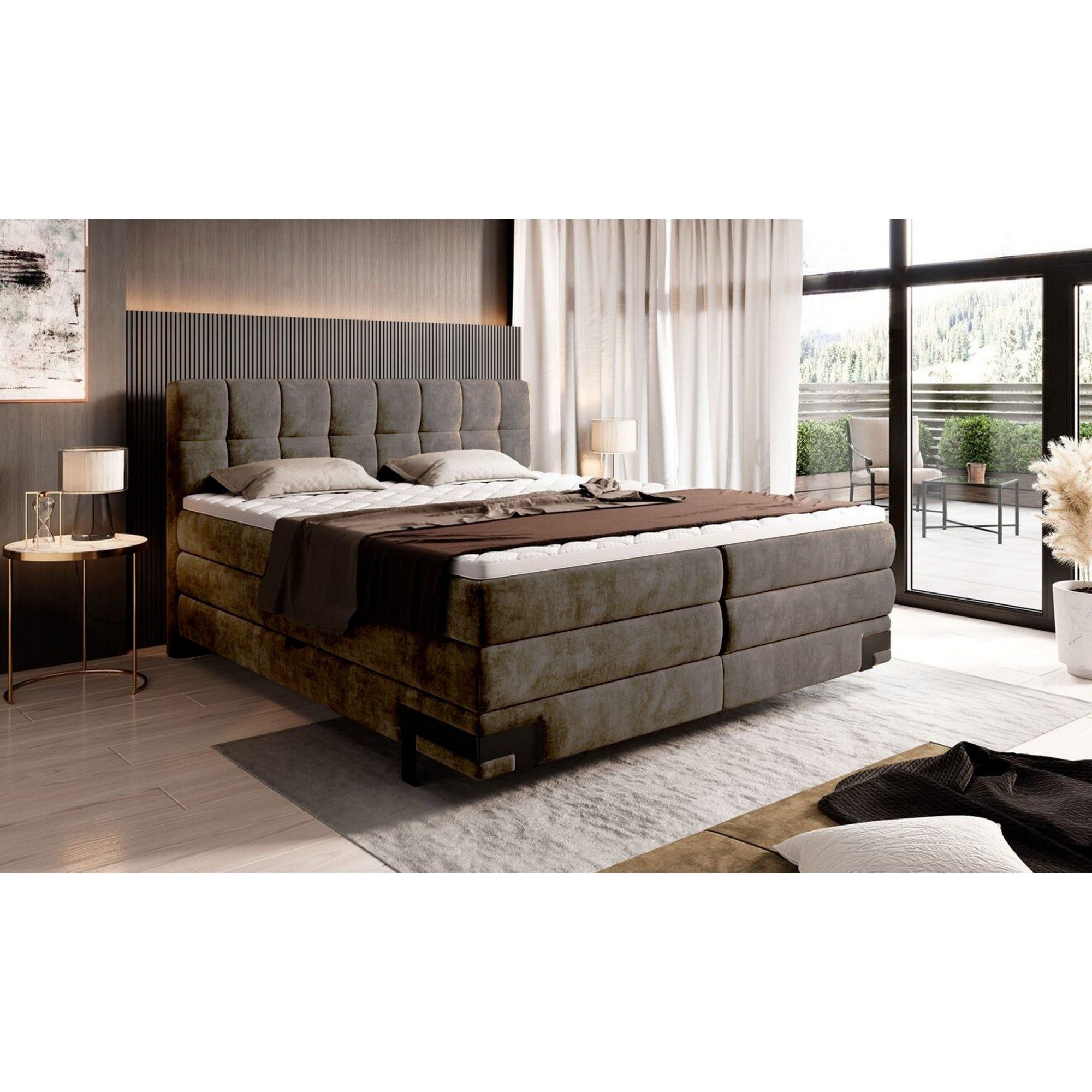Pat boxspring VIANO 160x200, stofa clasica maro - Austin 5, cu saltele si lada depozitare