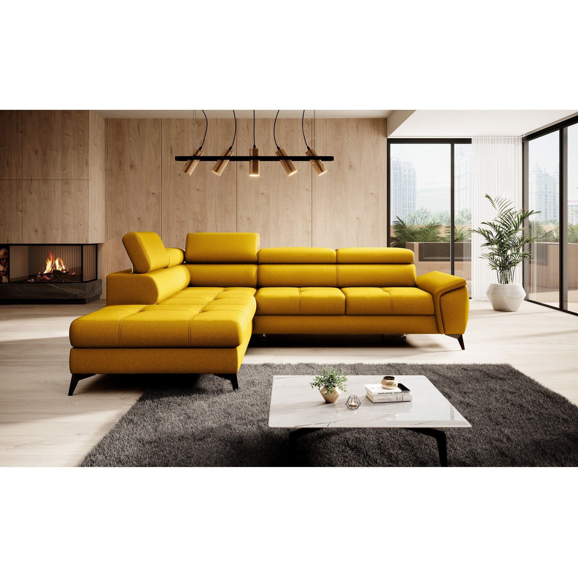 Coltar extensibil MOCCA, personalizabil materiale gama Premium, cu lada depozitare si tetiere reglabile, 265x222x95 cm