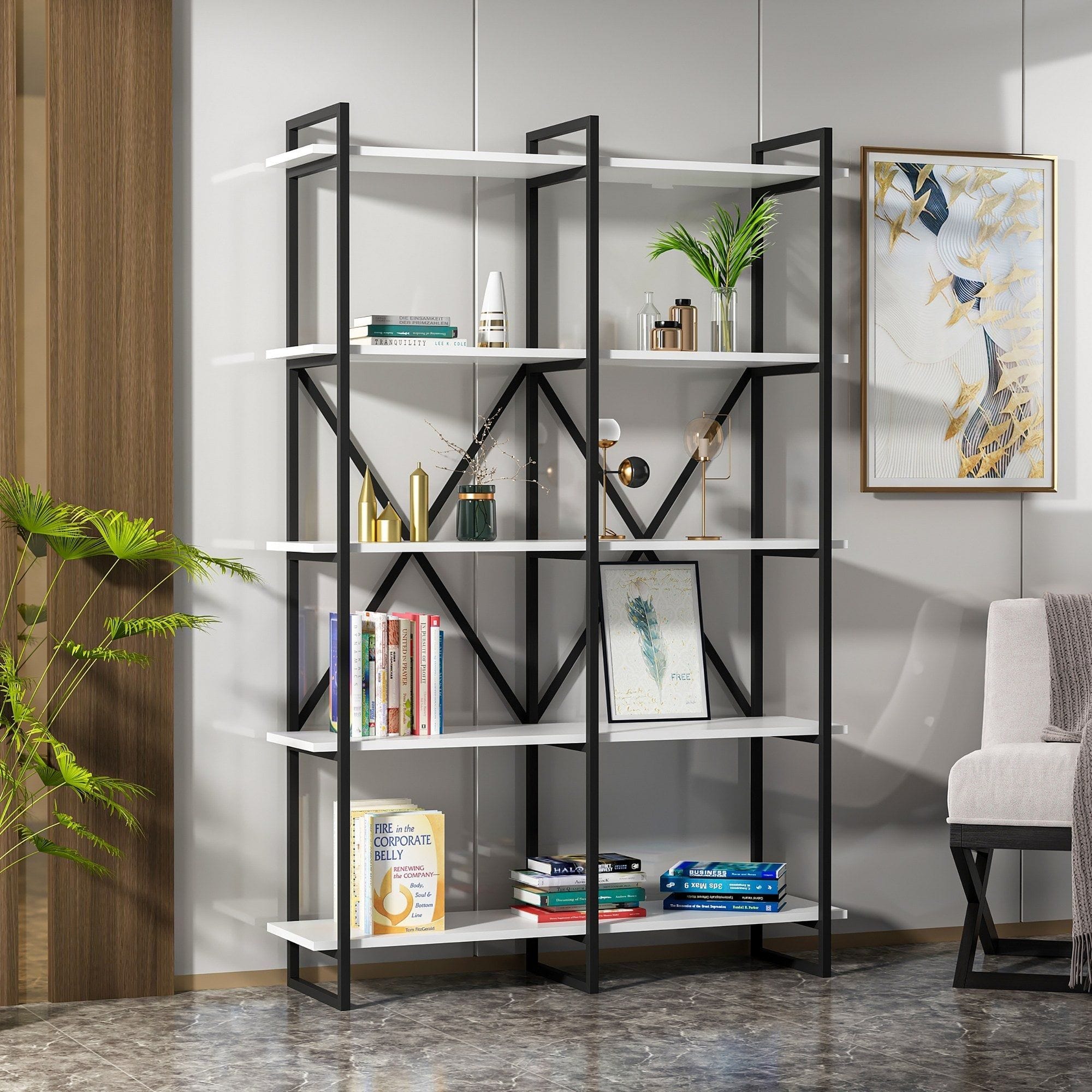 Etajera ELSON 1200, alb/negru, PAL melaminat, 120x34x180 cm