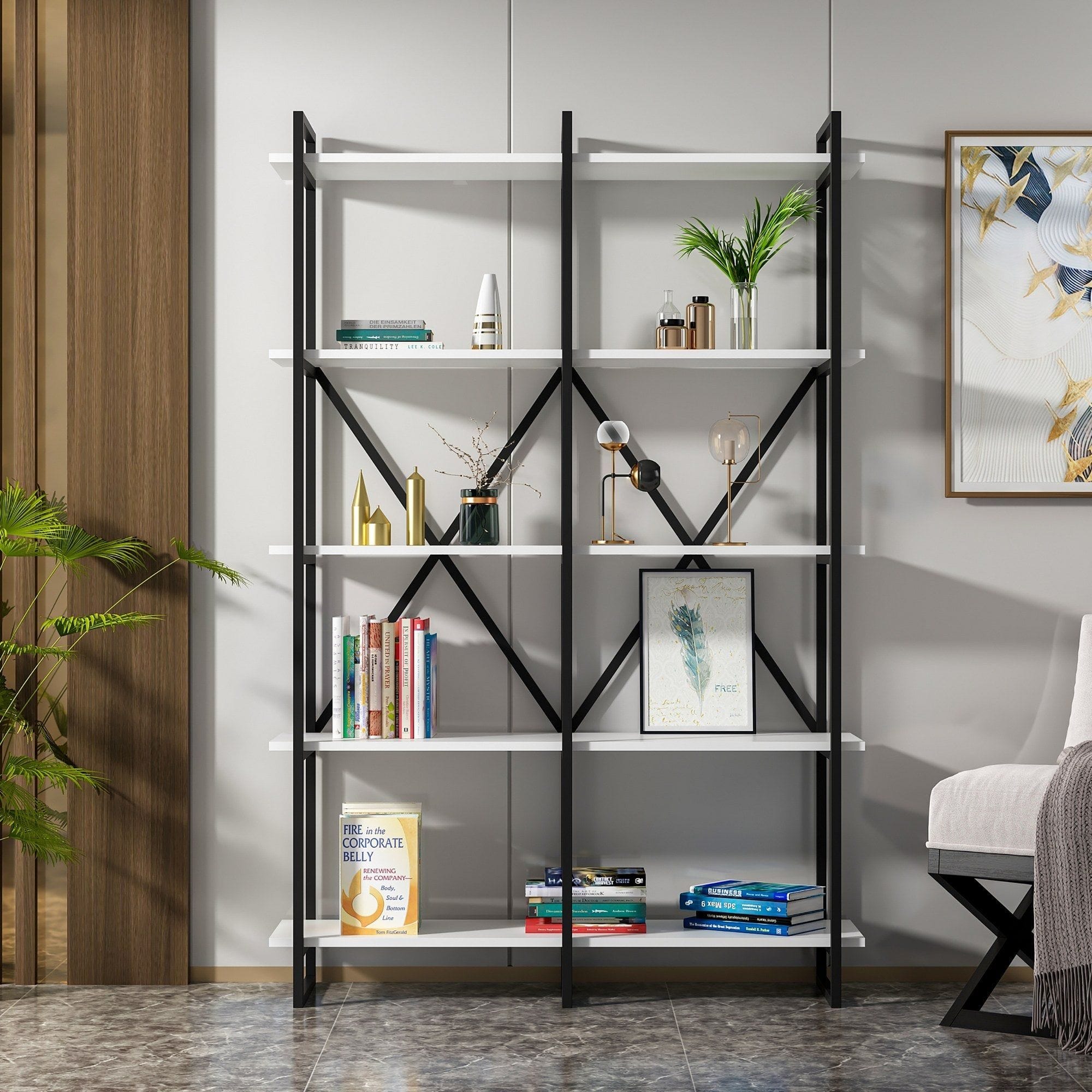 Etajera ELSON 1200, alb/negru, PAL melaminat, 120x34x180 cm