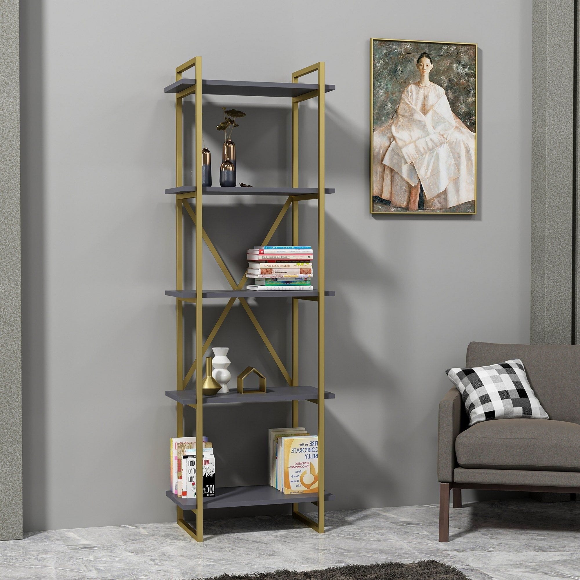Etajera ELSON 600, auriu/gri, PAL melaminat/metal, 60x34x180 cm