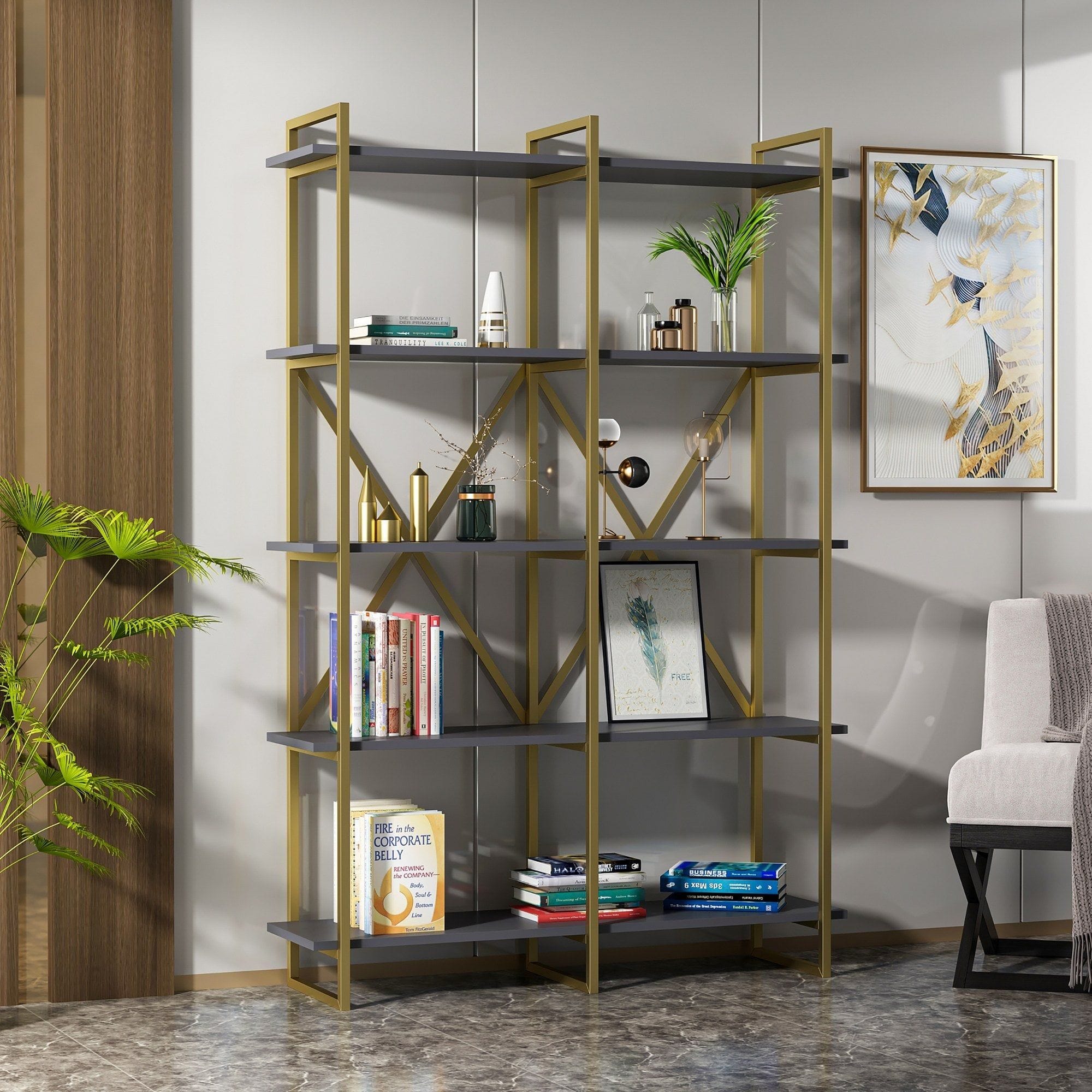 Etajera ELSTON 1200, auriu/gri, PAL, 120x34x180 cm
