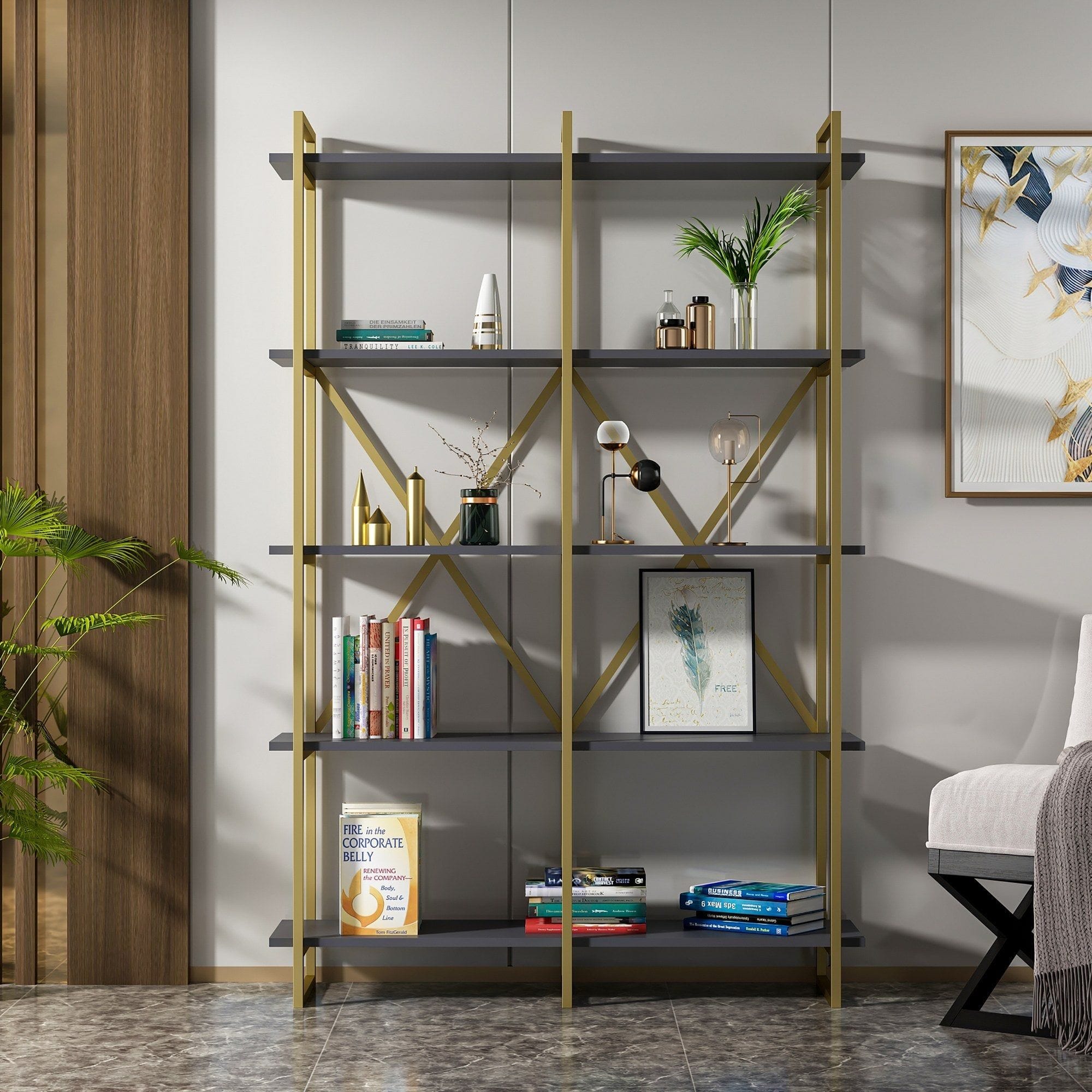 Etajera ELSTON 1200, auriu/gri, PAL, 120x34x180 cm
