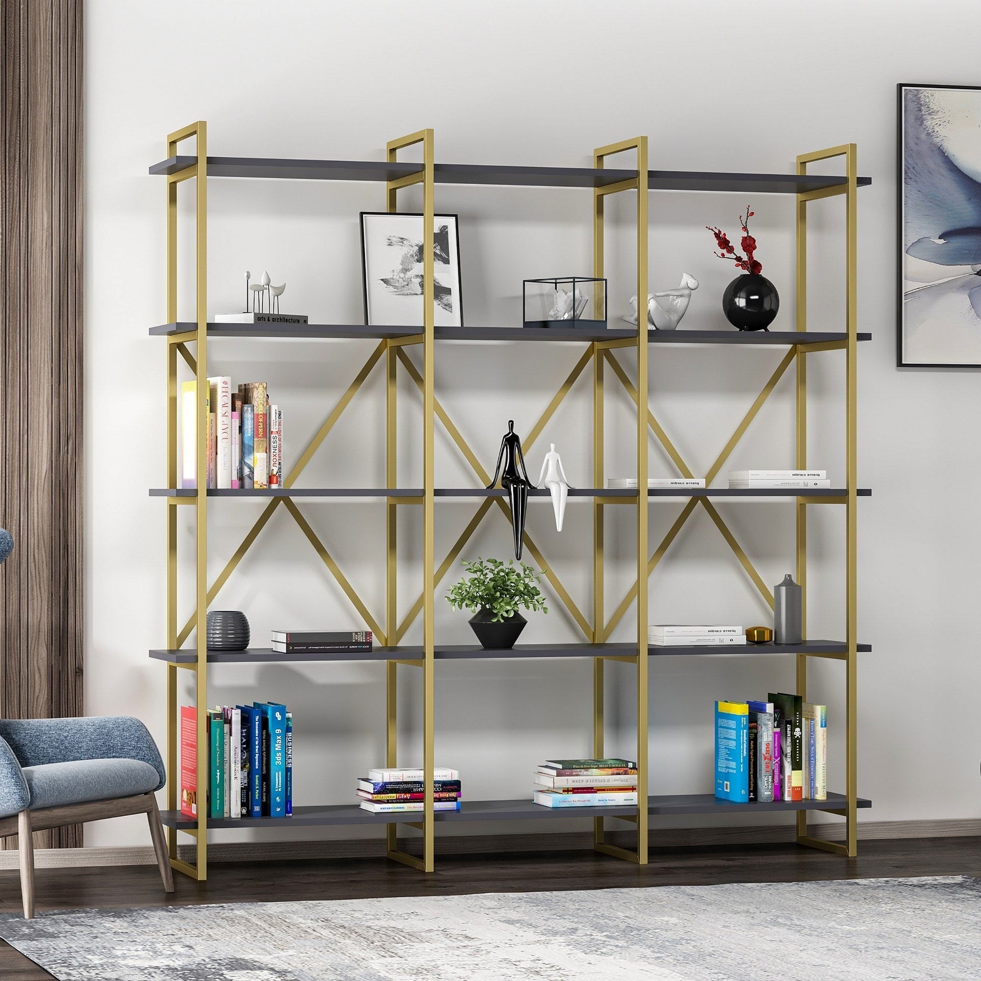 Etajera ELSTON 1800, auriu/gri, PAL melaminat, 180x34x180 cm