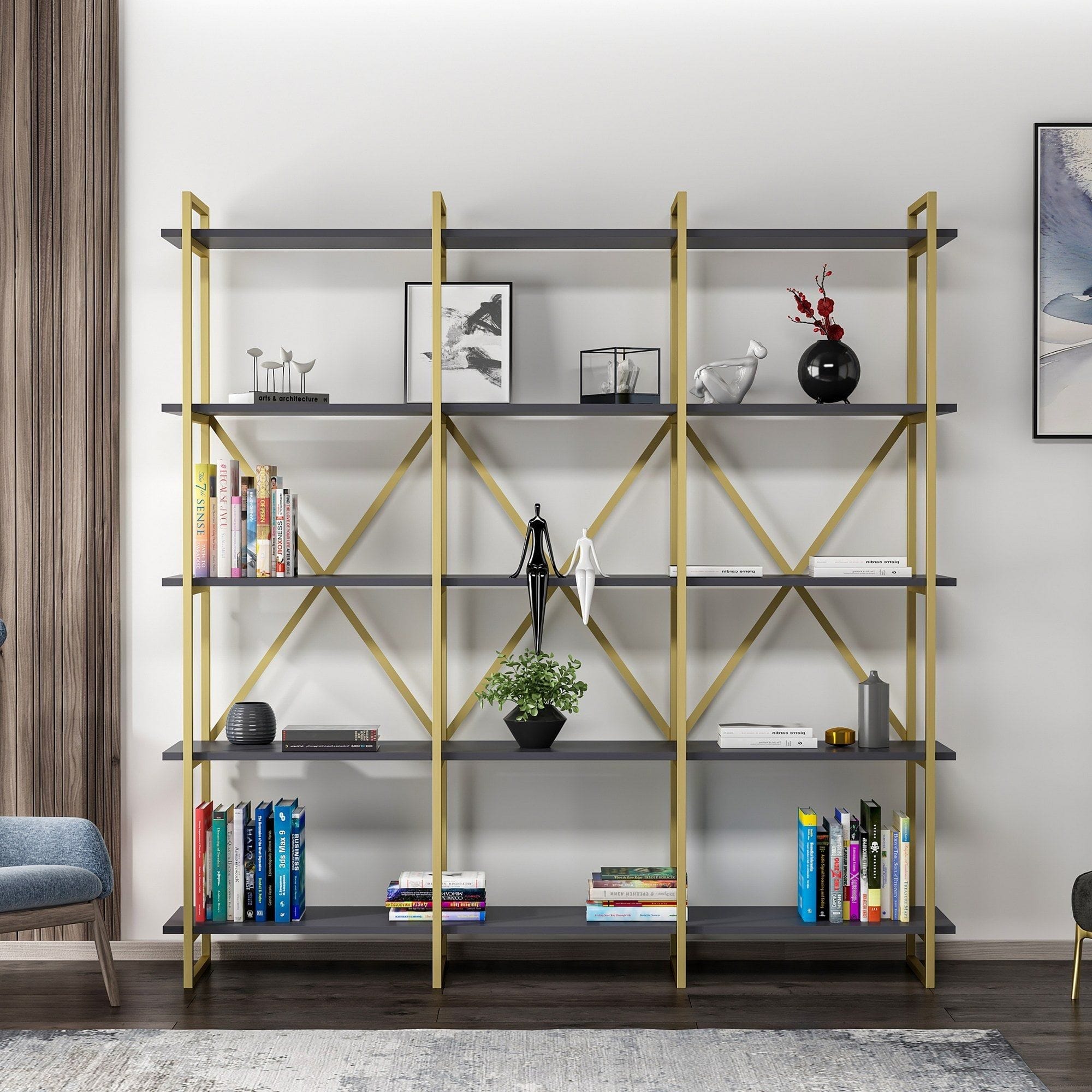 Etajera ELSTON 1800, auriu/gri, PAL melaminat, 180x34x180 cm