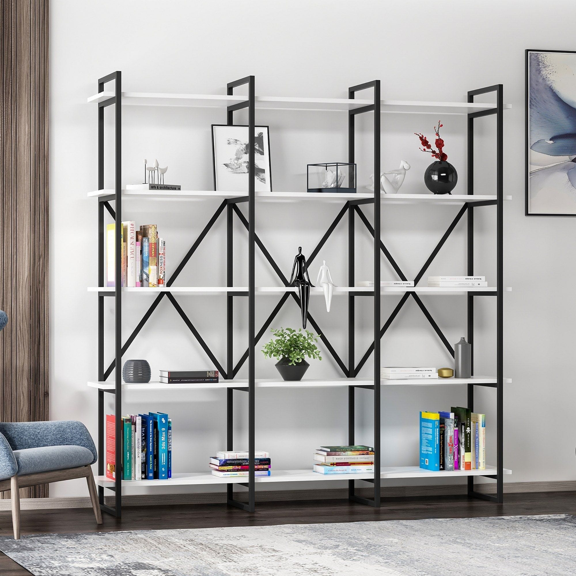 Etajera ELSTON 1800, negru/alb, PAL melaminat, 180x34x180 cm