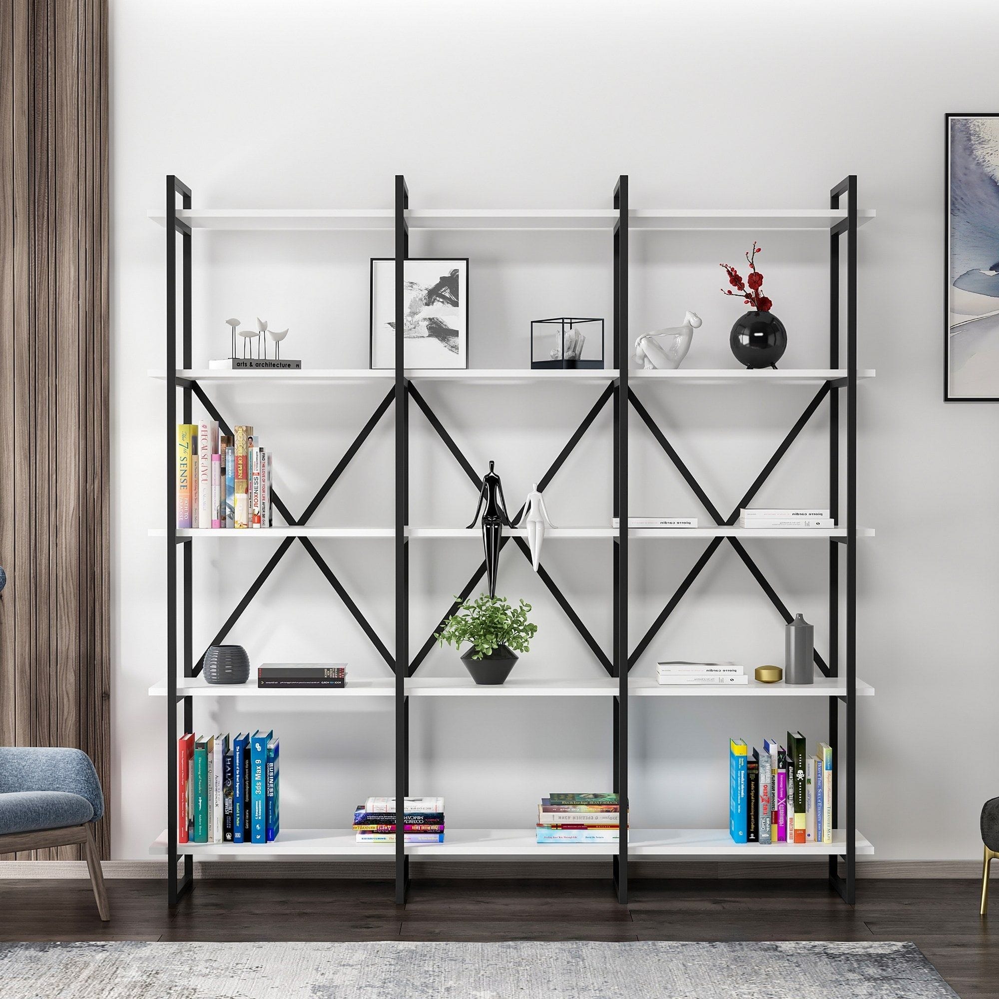 Etajera ELSTON 1800, negru/alb, PAL melaminat, 180x34x180 cm
