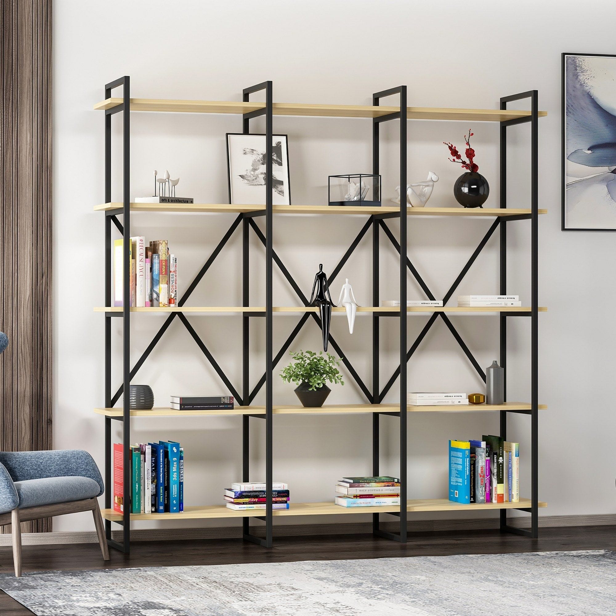 Etajera ELSTON 1800, negru/stejar, PAL melaminat, 180x34x180 cm
