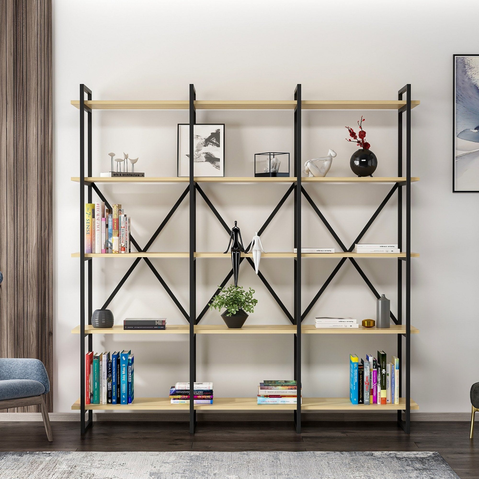 Etajera ELSTON 1800, negru/stejar, PAL melaminat, 180x34x180 cm