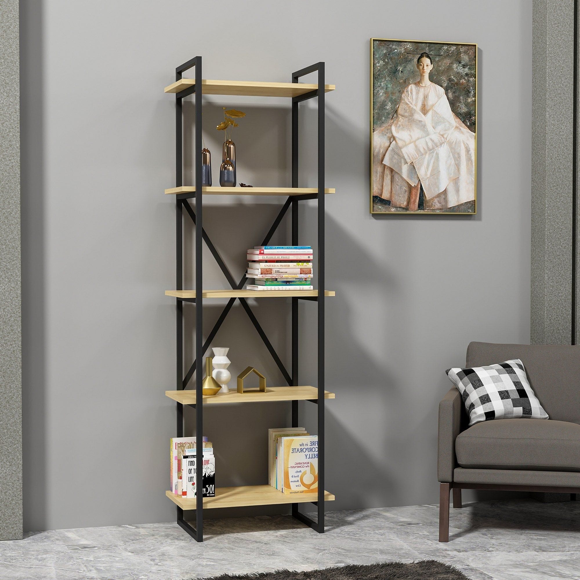 Etajera ELSTON 600, stejar/negru, PAL melaminat/metal, 60x34x180 cm