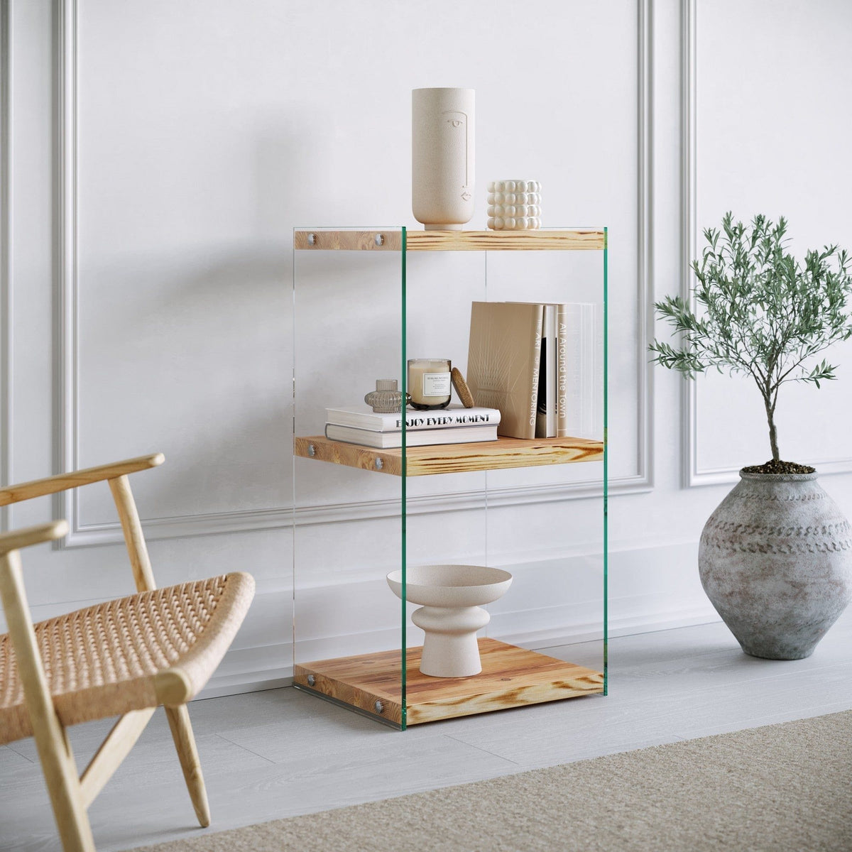 Etajera NIAGARA R302, pin, lemn de pin/sticla, 40x35x80 cm