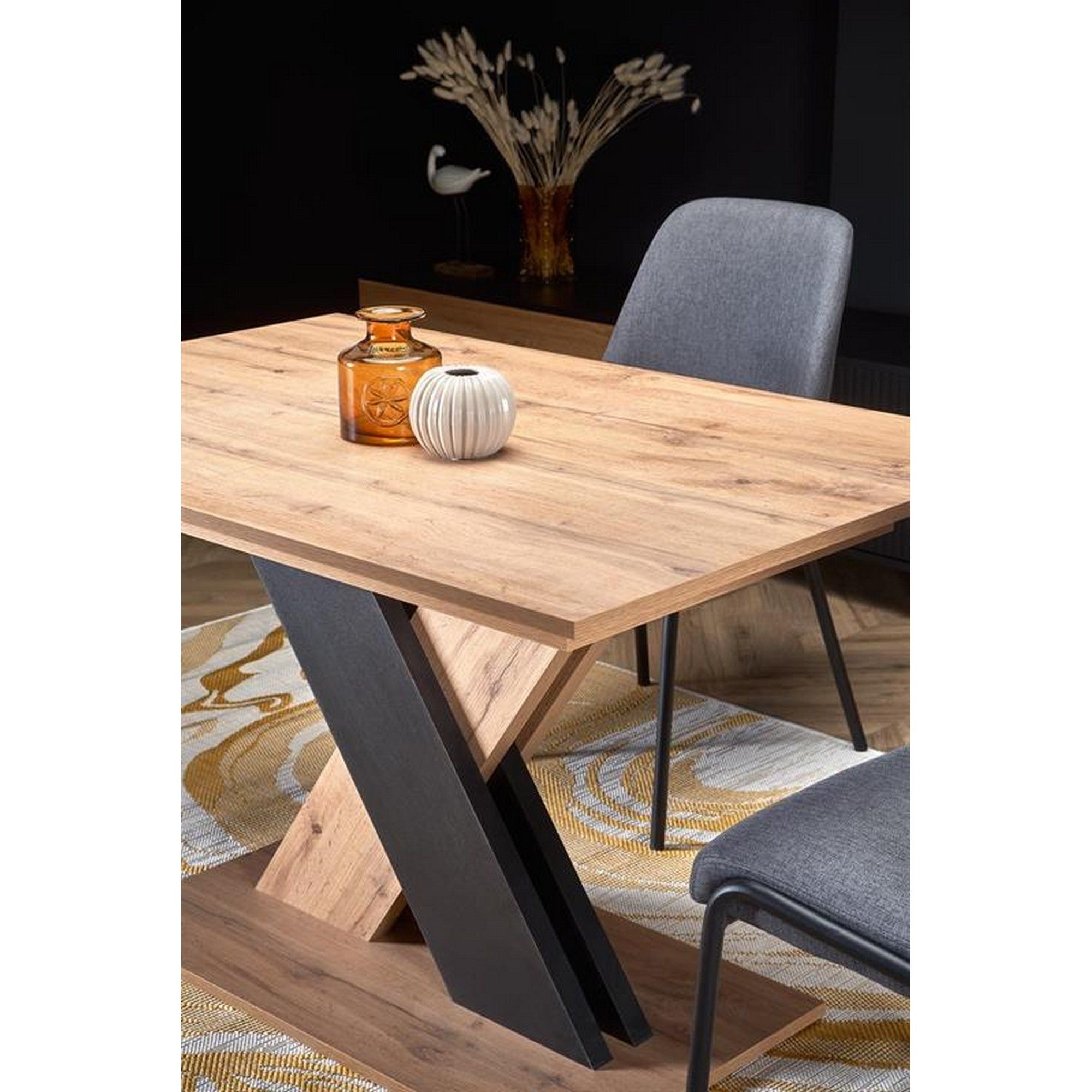 Masa extensibila XARELTO, stejar/negru, PAL furniruit, 130/175x85x76 cm