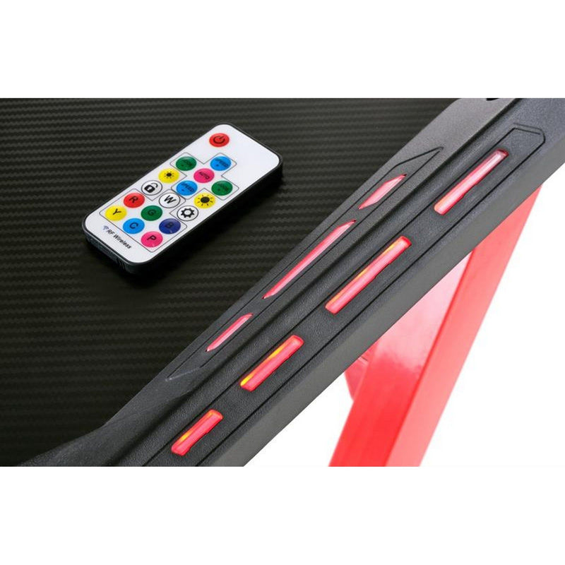 Birou gaming B49 cu iluminare LED si suport de casti, rosu/negru, 122x60x74 cm
