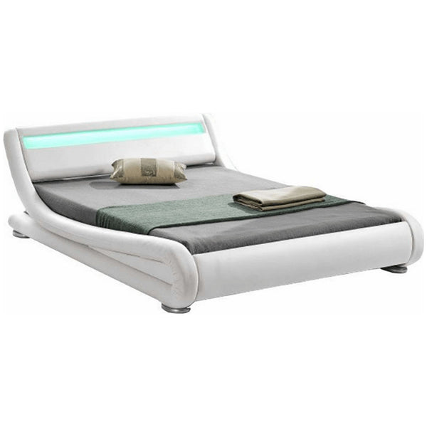 Pat dormitor FILIDA, cadru lemn/piele ecologica, alb, 180x200 cm, cu iluminare LED, somiera lamelara fixa, fara saltea