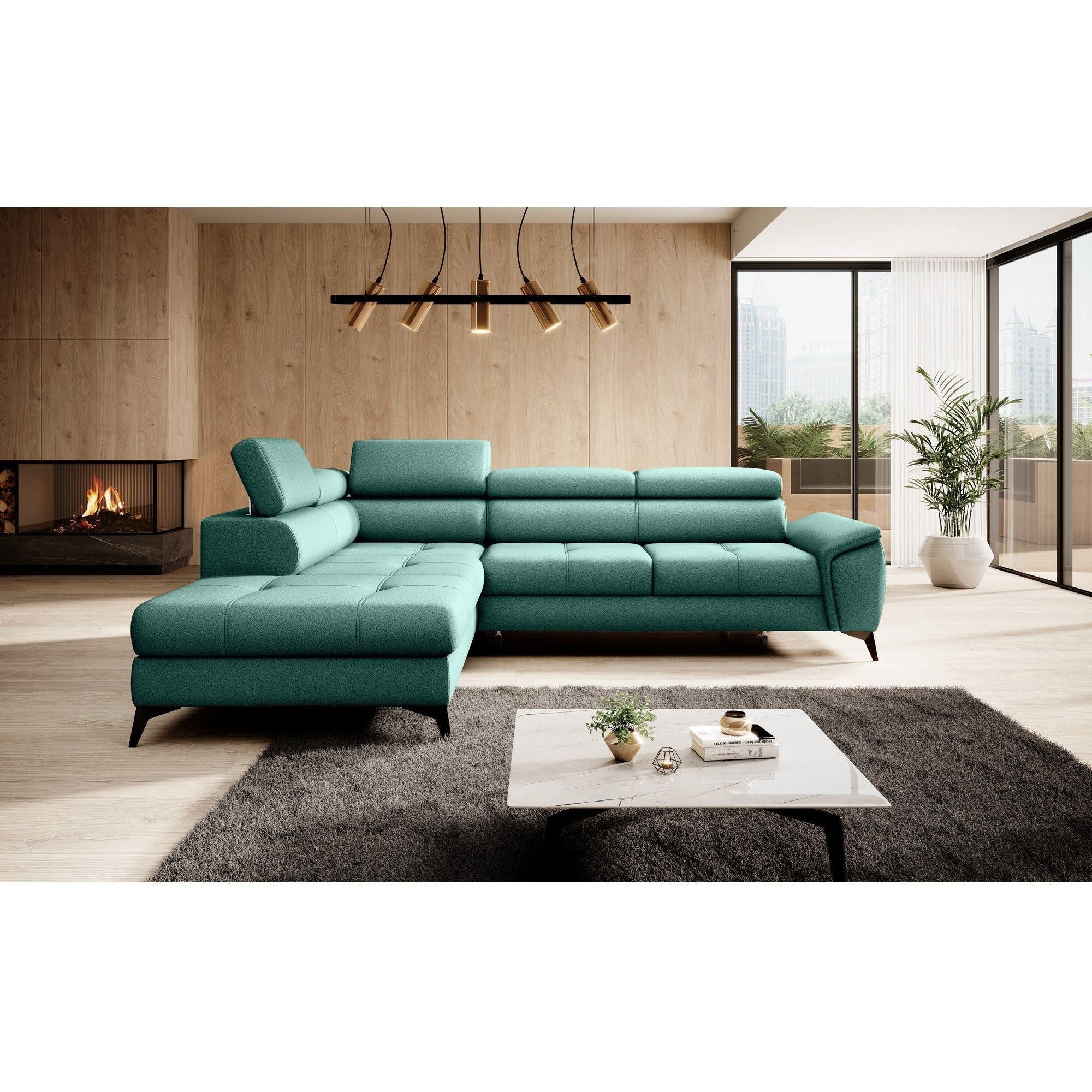 Coltar extensibil MOCCA, personalizabil materiale gama Oferta Avantaj, cu lada depozitare si tetiere reglabile, 265x222x95 cm
